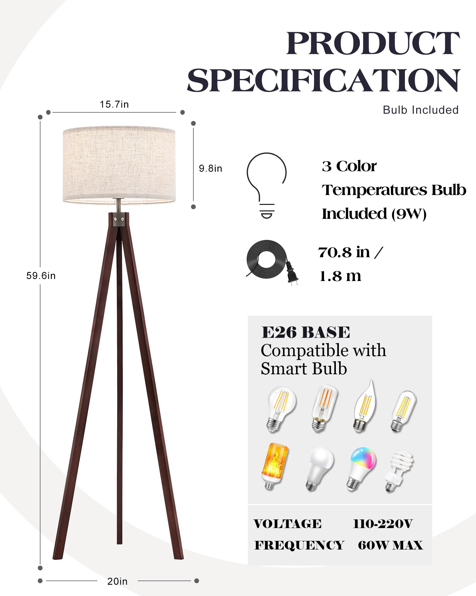 Elyona Wood Tripod Floor Lamp, Mid Century Modern Reading Standing Light, Tall Studying Light With 3 Color Temperatures Led Bulb