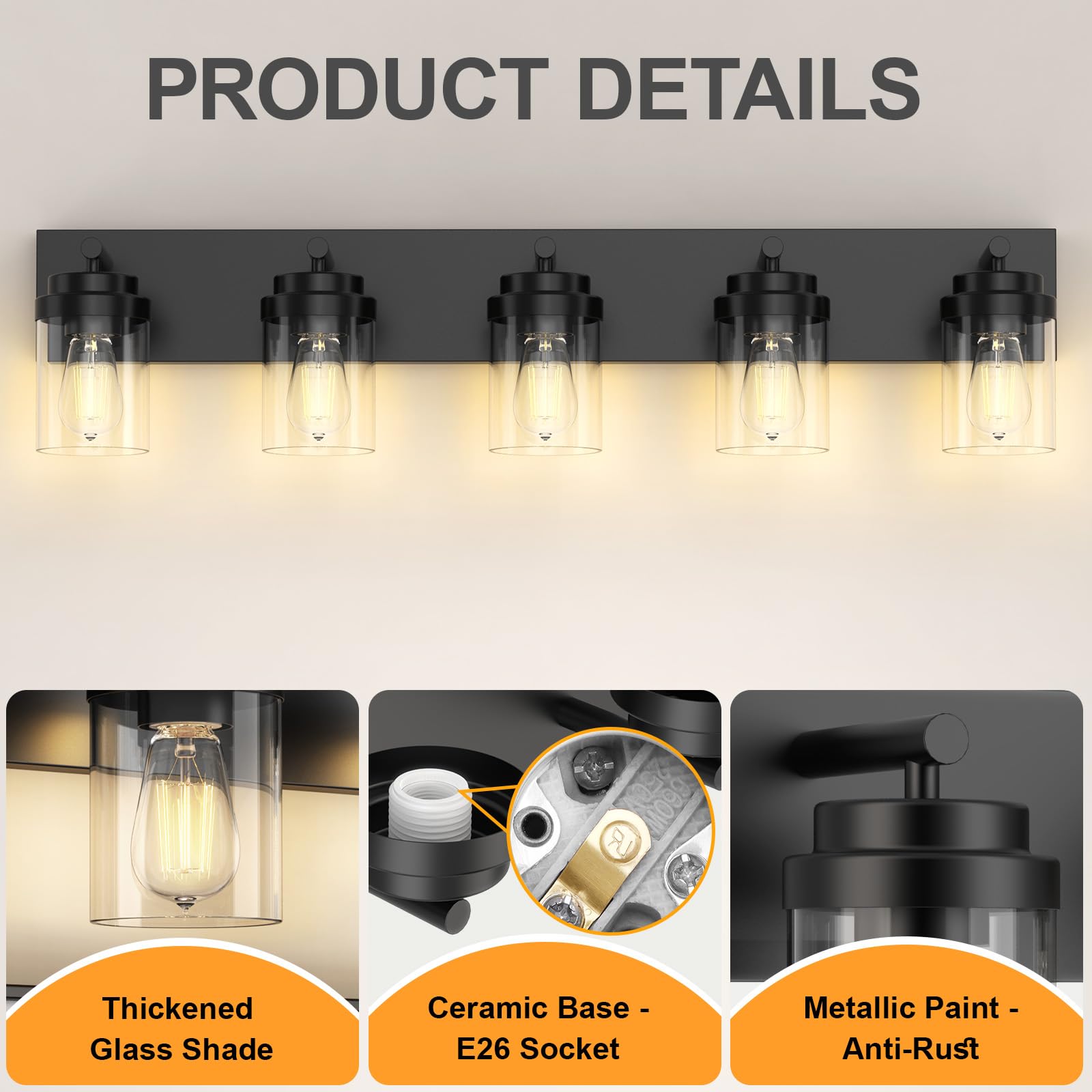 Izorro Bathroom Vanity Light Fixture  5-Light 36 Inch Matte Black Bathroom Light Fixtures Over Mirror  With Clear Glass Shade  Modern Farmhouse Vanity Lights  Rustic Restroom Lighting Fixtures