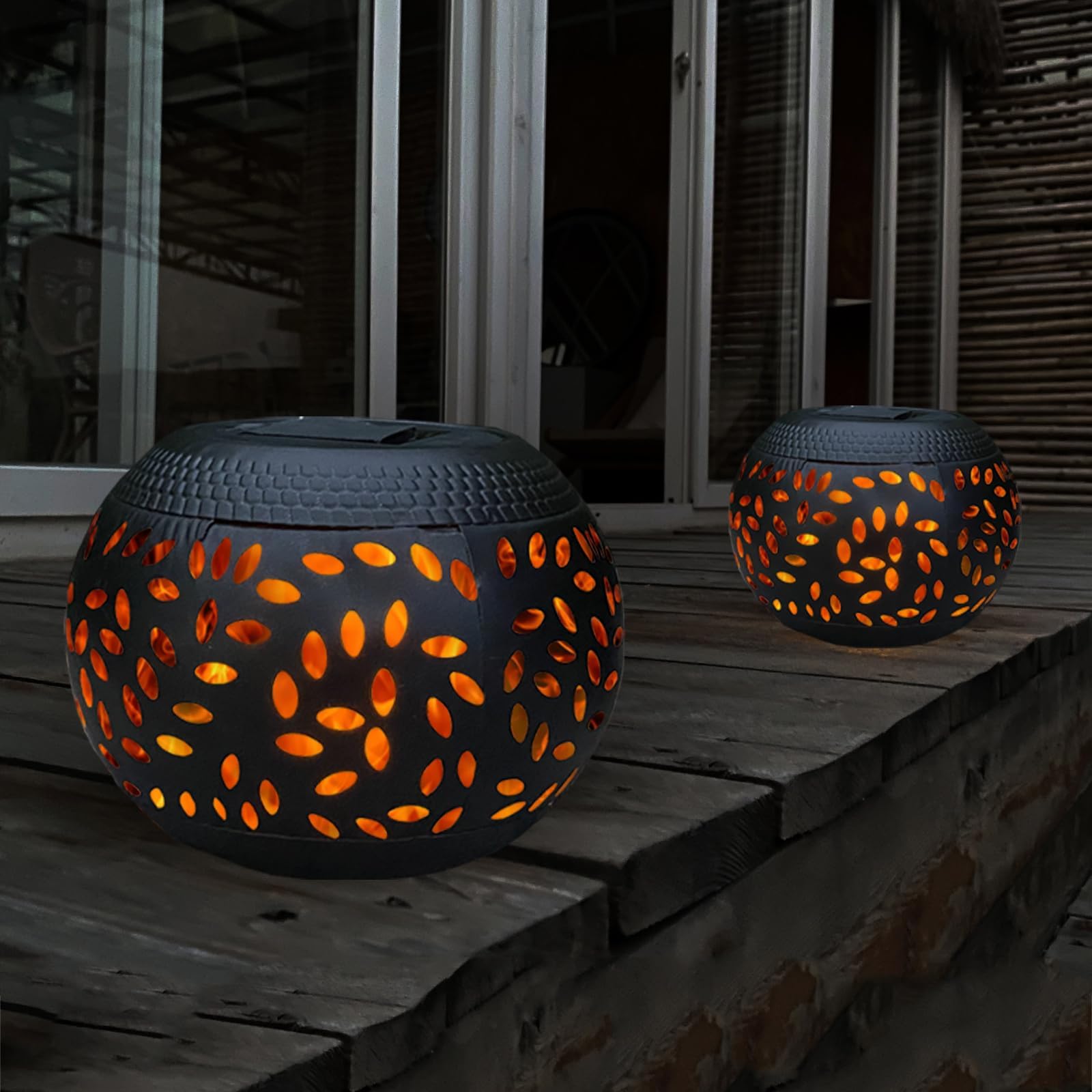 Pearlstar Solar Table Light - 2 Pack Waterproof Dancing Flickering Flame Lamp - Black Metal - Decorative Lantern for Outdoor/Indoor Use
