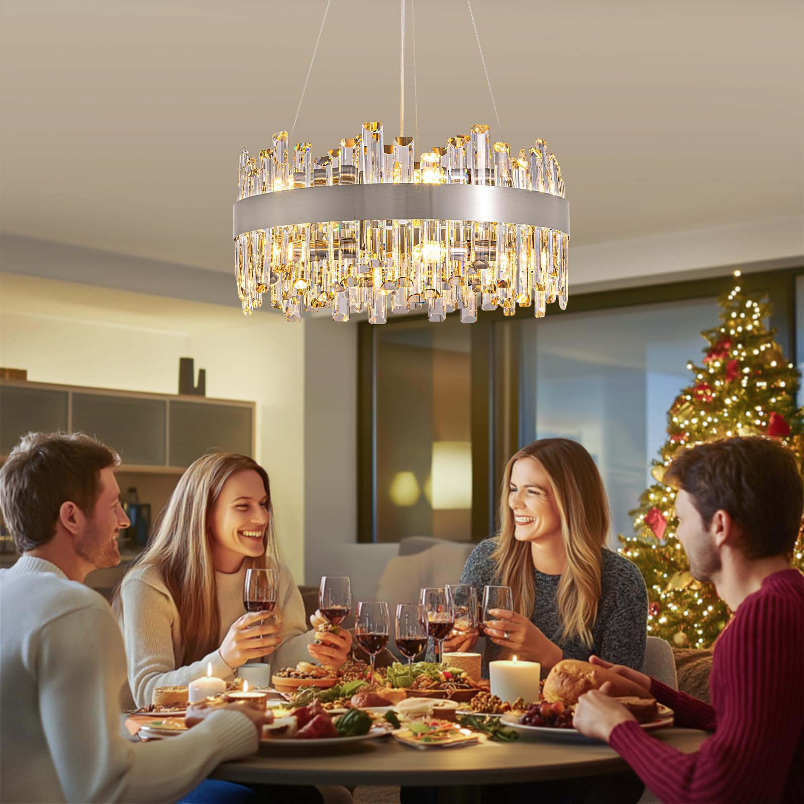 Siljoy Modern Crystal Chandelier, 12 Lights, Brushed Nickel, 2-Tier, Adjustable Height, D19.7'' for Dining, Living Room, Kitchen Island