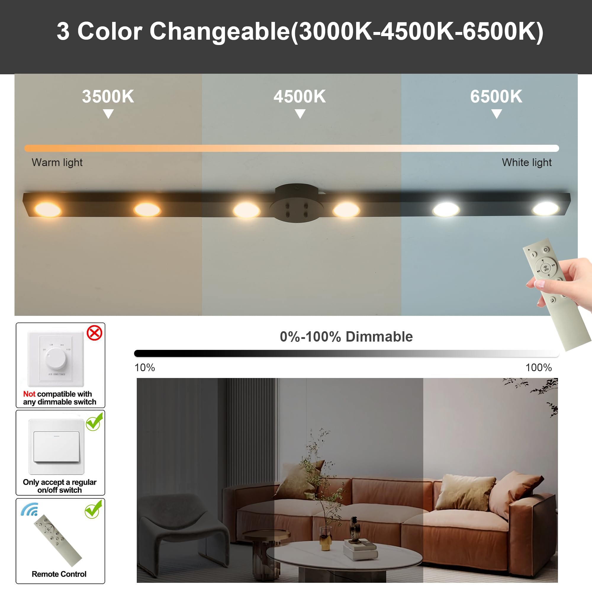 Garwarm Modern 47" Dimmable LED Ceiling Light Fixture, 6-Light Track Chandelier, Black Iron for Kitchen & Dining Room, Model TT-JD1601B