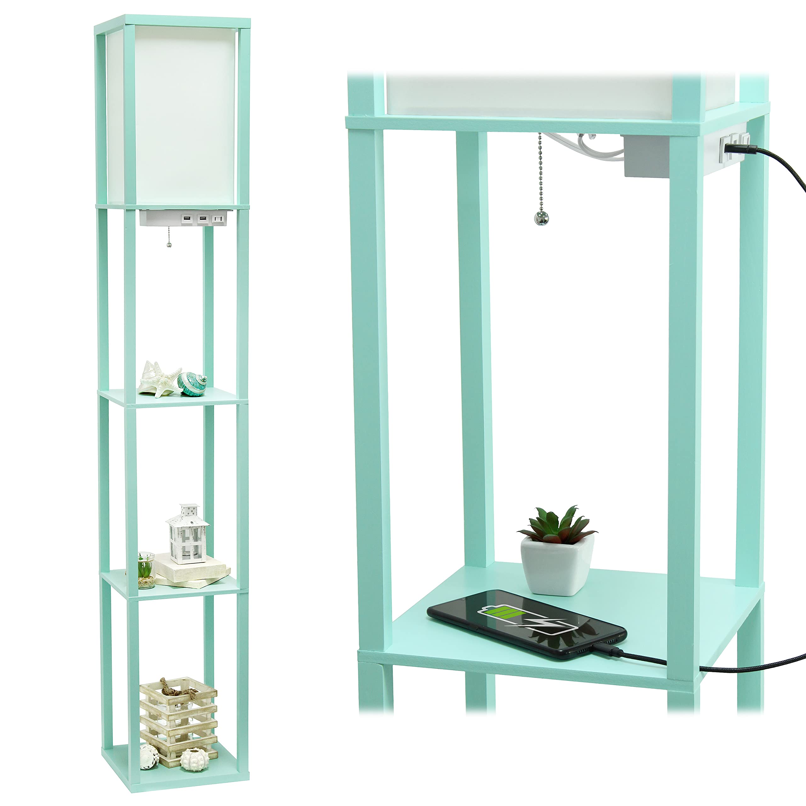 Simple Designs Lf1037-Aqu Floor Lamp Etagere Organizer Storage Shelf With 2 Usb Charging Ports, 1 Charging Outlet And Linen Shade, Aqua