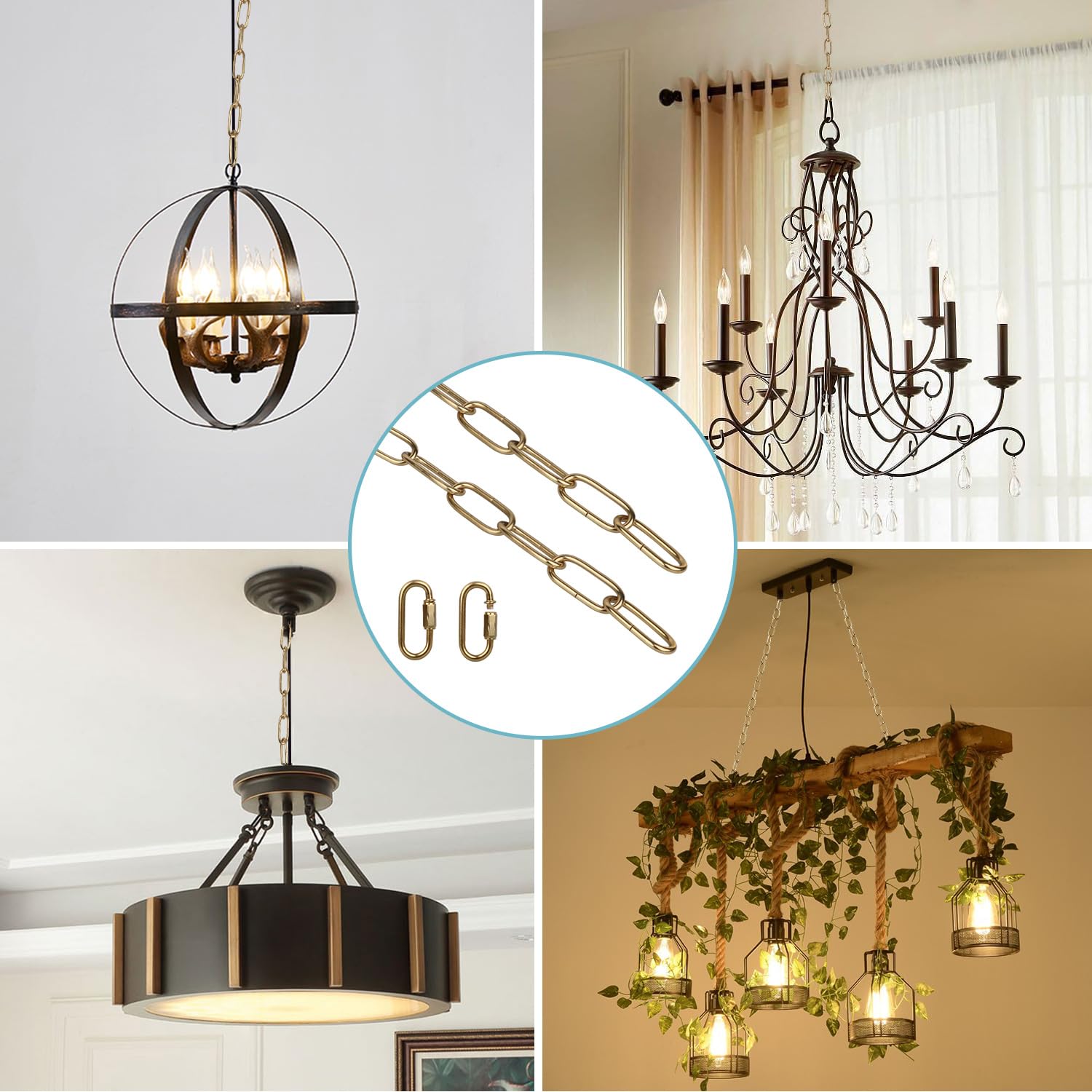 Helunsi Lighting Chain, 6 Feet Imitation Copper Light Fixture Chain, Metal Chandelier Chain Extension With Connection Link Lock,