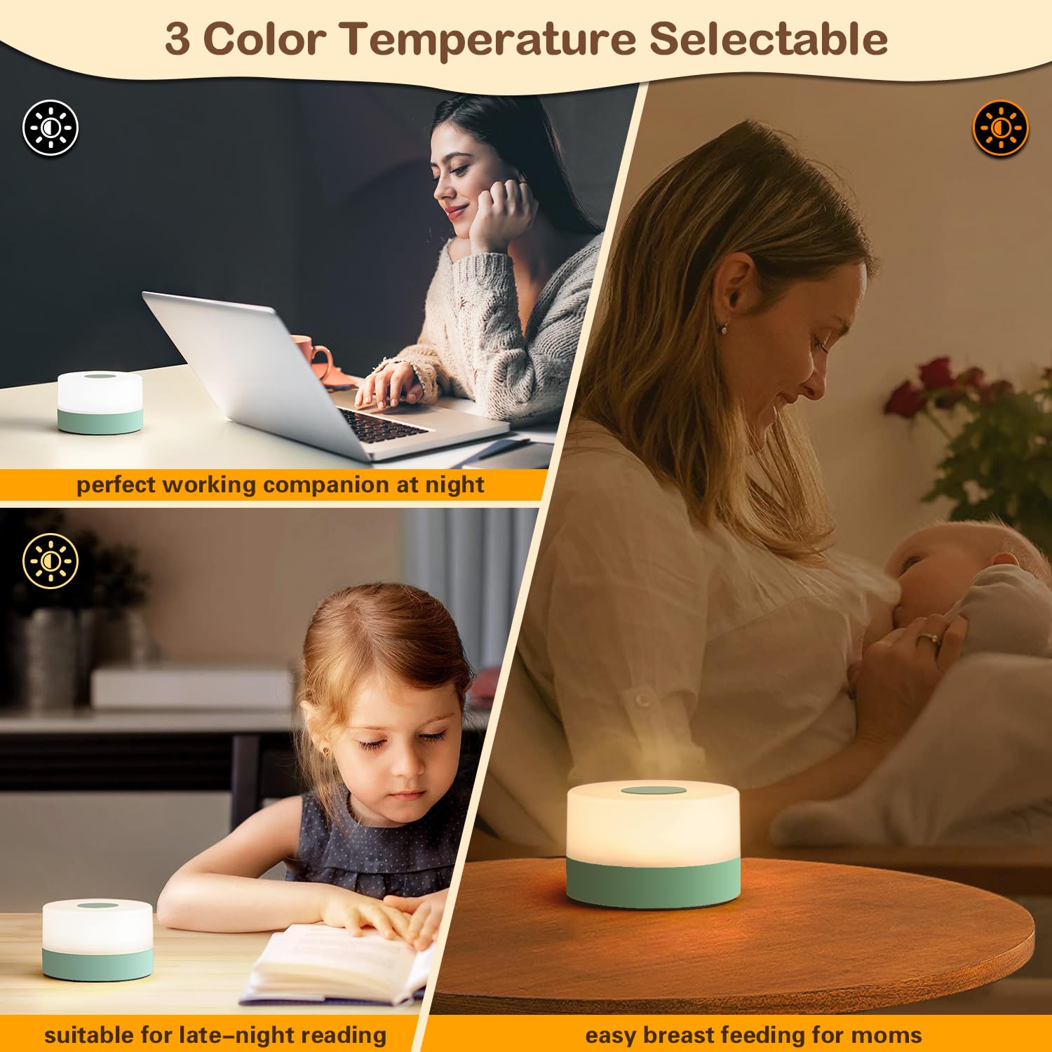 JUSHENG Rechargeable Baby Night Light LED Lamp, Dimmable, 3 Color Temperatures, Portable, Green, Model CG0025GR