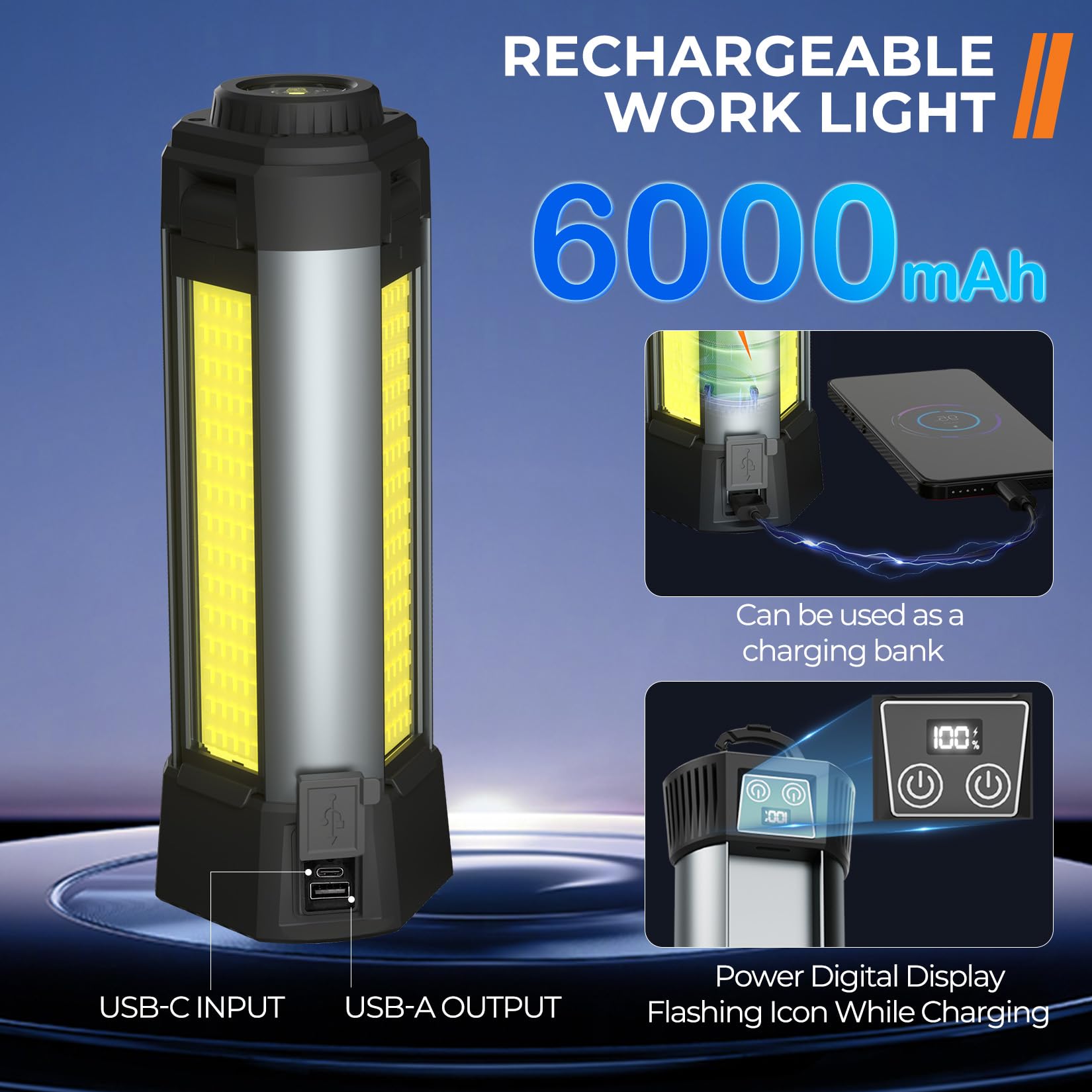 Rechargeable Led Work Light With Stand, Cordless Camping Light With Portable Telescopic Bracket, 6Ah Battery, 2000Lumen Outdoor