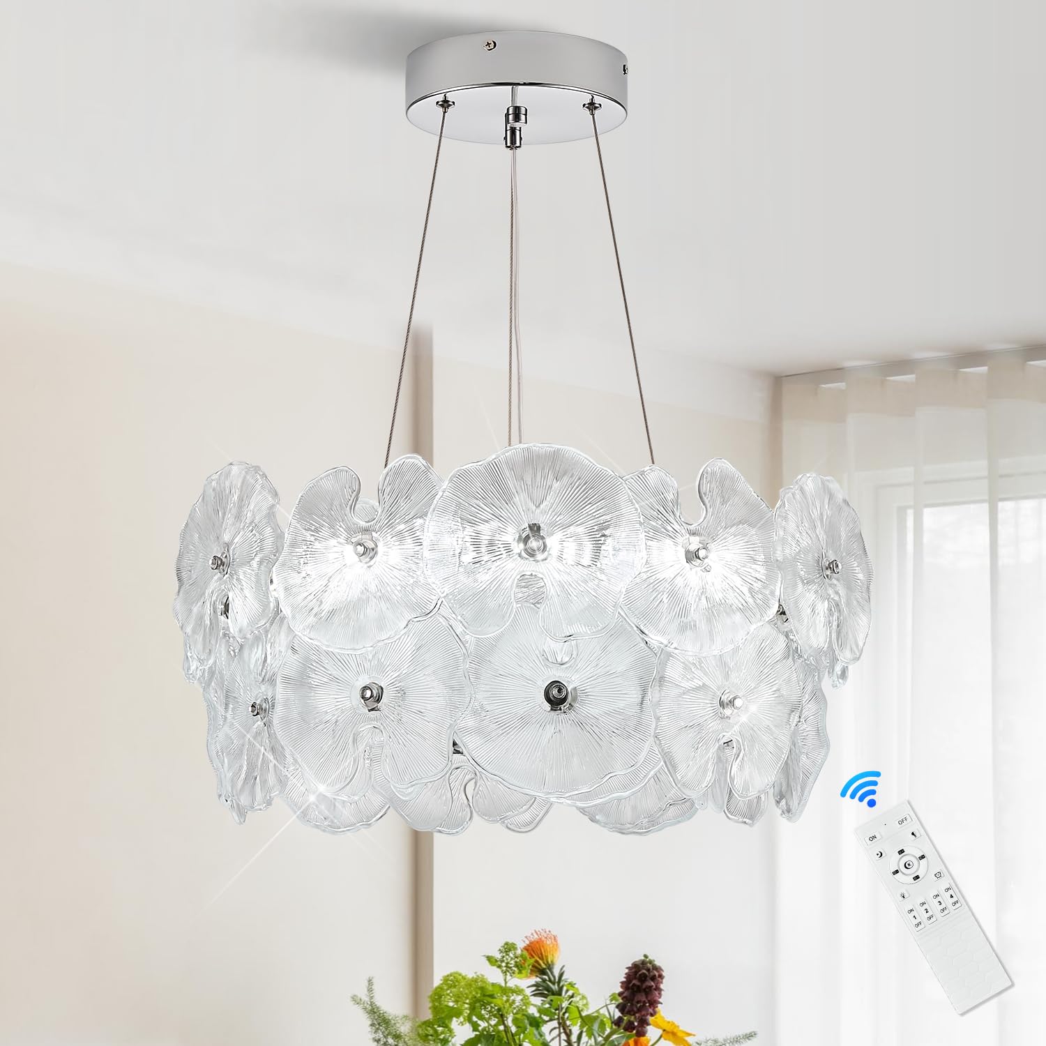 Poemoon Modern Chrome Glass LED Chandelier, 20in Lotus Leaf, Dimmable with Remote, Model 56-500C, 3000K-6500K Lighting
