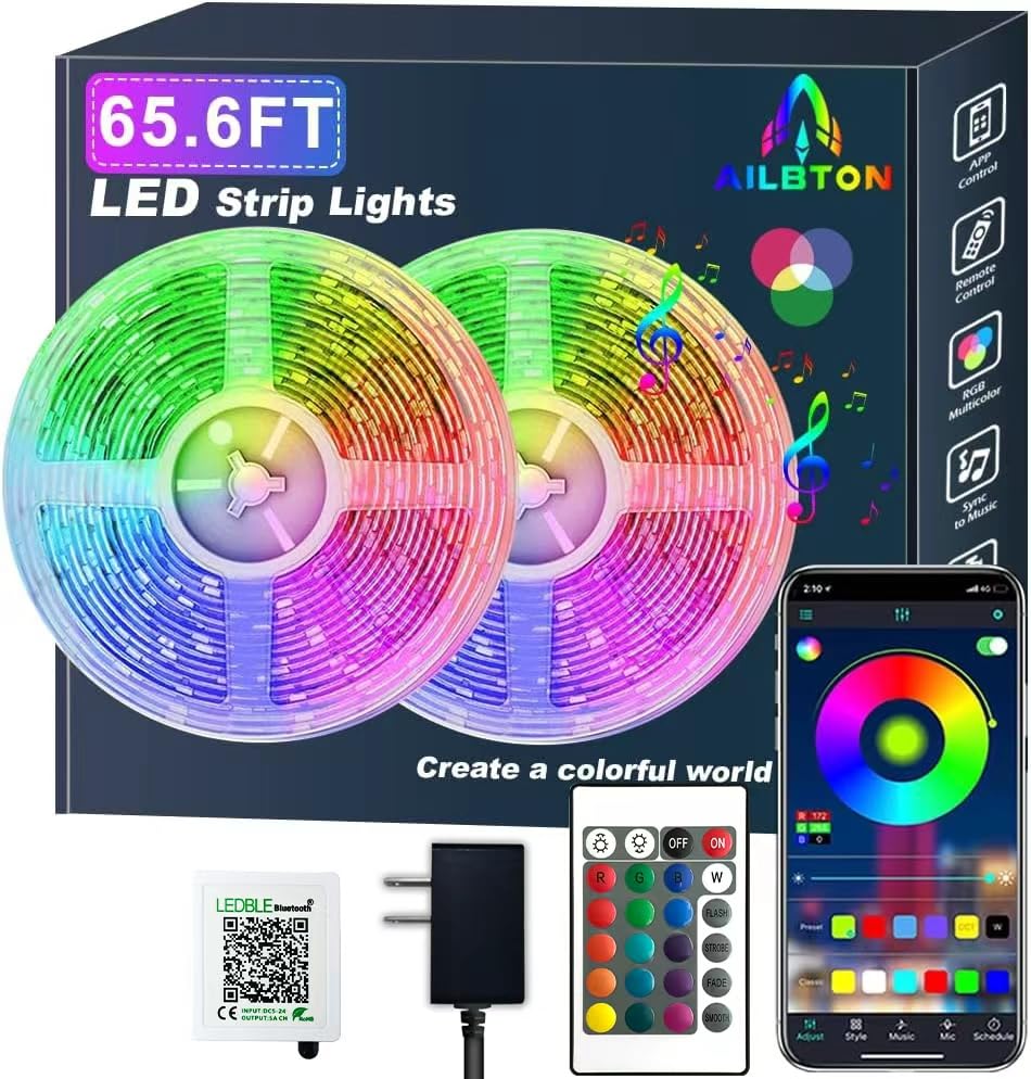 65.6ft/20M Led Band Lights  Long Smart Music Sync 5050 RGB Color Changing Light Band Bluetooth APP/IR Remote/Switch Box Control Rope Lights LED Lights for Bedroom Party Home Decoration Festival