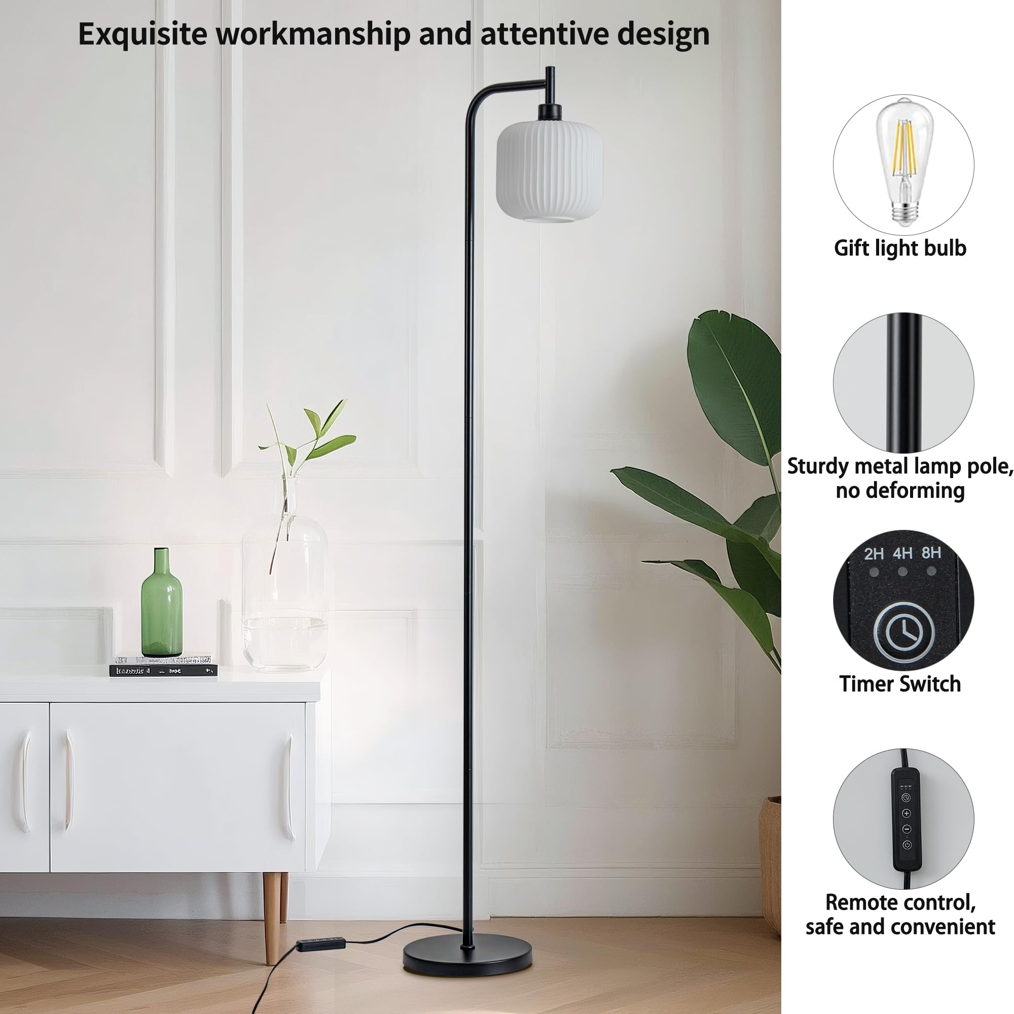 MAYNA Glass Floor Lamp, 67-Inch Modern Design, Remote Control, Milky White Glass Shade