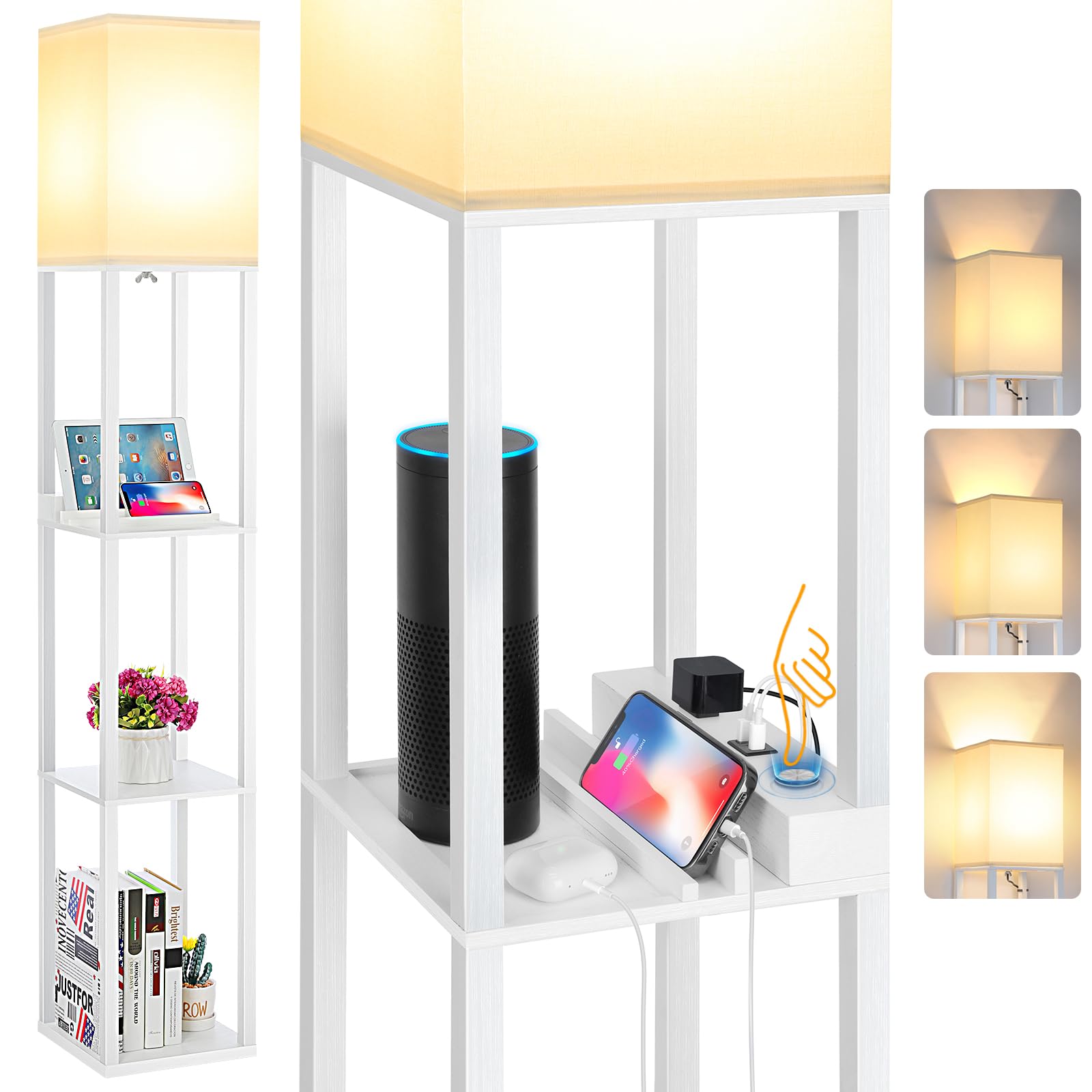 Folksmate Touch Control Shelf Floor Lamp, Modern Dimmable Led Standing Lamps With Shelves, 2 Fast Charging Usb Ports And Power Outlet, Wood Skinny Tall Light For Living Room, Bedroom, Bedside,White