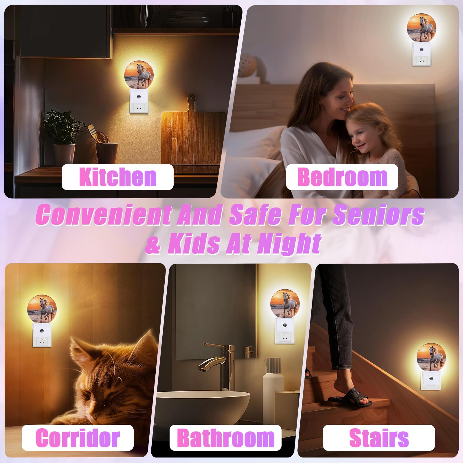 Gantinir Running Horse Night Light Sunset Night Lights Led Lamp Round Plug Into Wall Nightlight With Dusk To Dawn Sensor Home Hallway Stairway Kitchen Decor