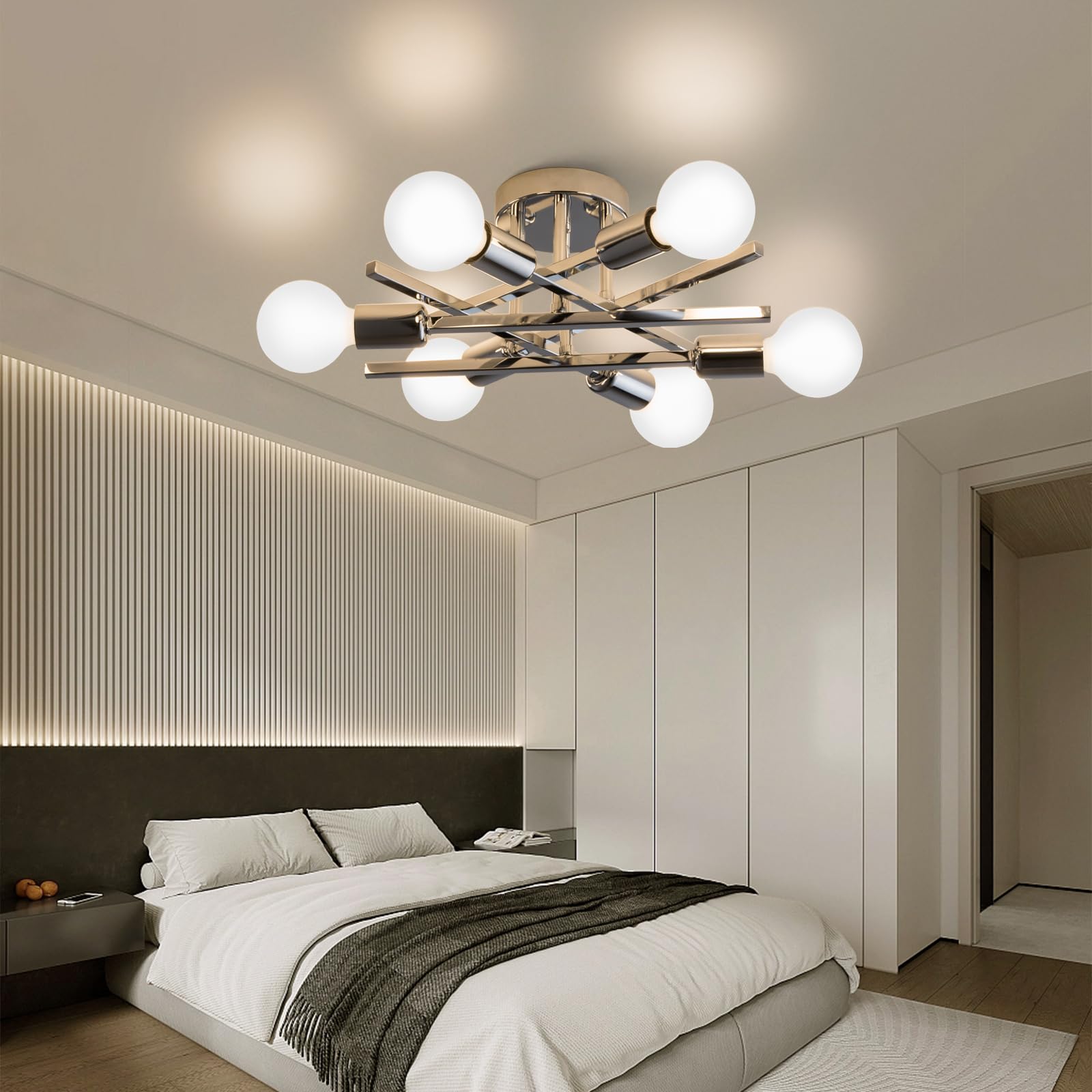 Xingsiyuelyx 6-Light Chrome Sputnik Ceiling Light Fixture,Semi Flush Mount Ceiling Light,Modern Close To Ceiling Light,Chandelier Light Fixture Ceiling For Living Room Dining Room Foyer,E26 Socket