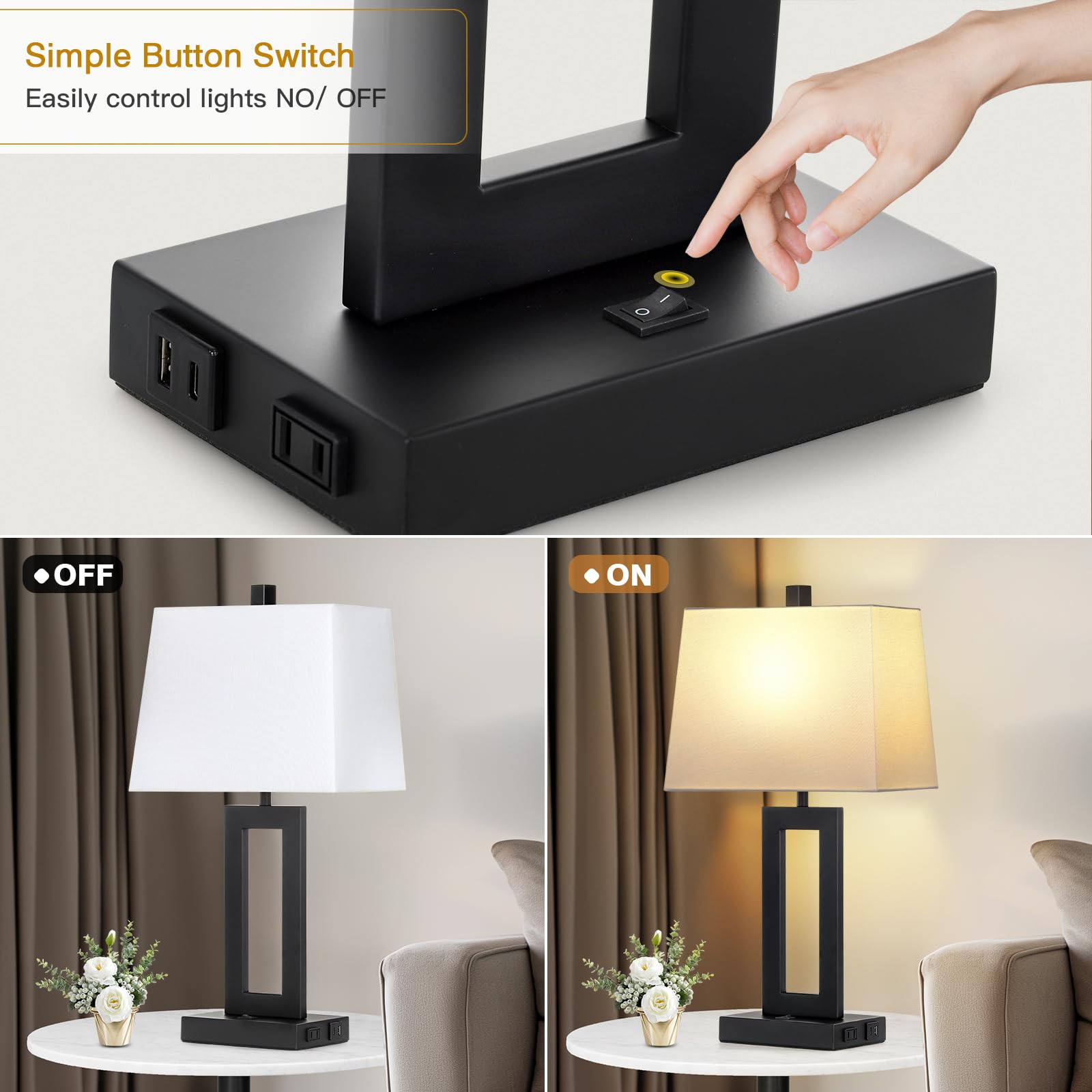 Cinkeda Table Lamp Set of 2 - Modern USB C+A Ports & AC Outlet, Black Shade, Ideal for Bedroom & Living Room, Model TD-CK-376