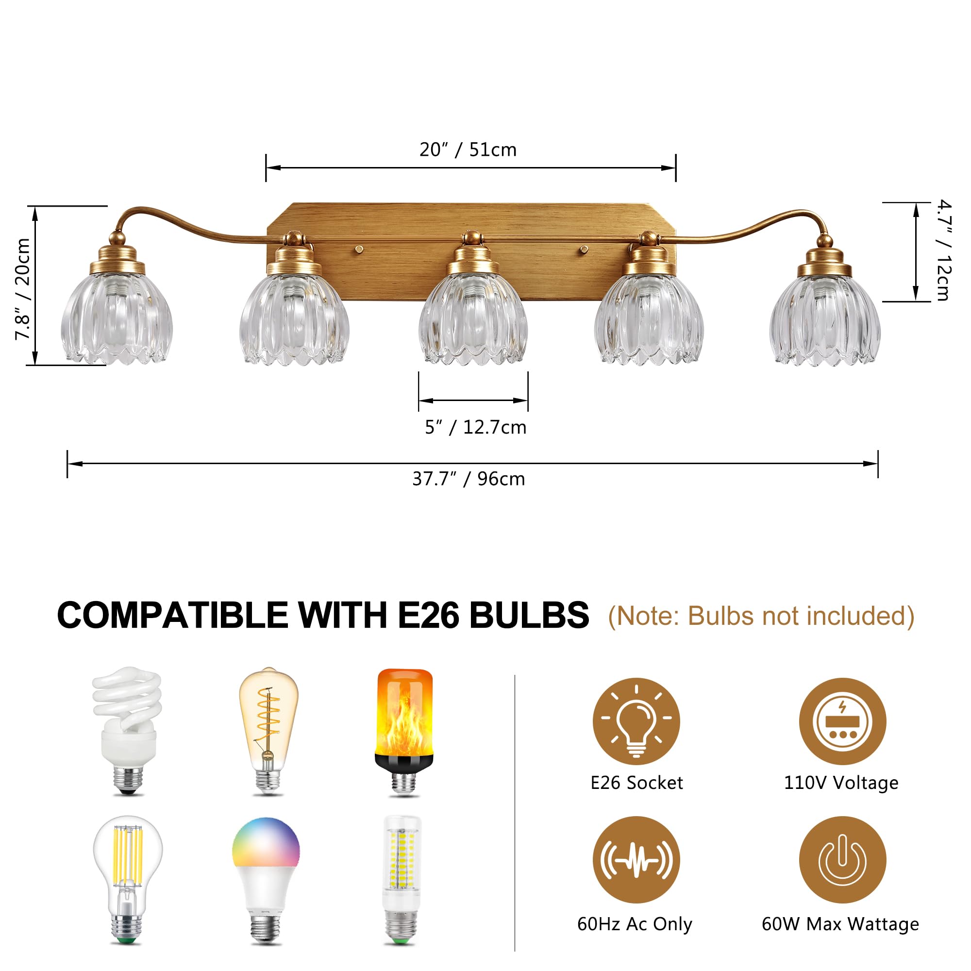 CmnVmn Vintage Bathroom Light Fixtures, 5-Light Gold Vanity Light with Crystal Glass Shade, Matte Antique Brass Finish, Model C5016