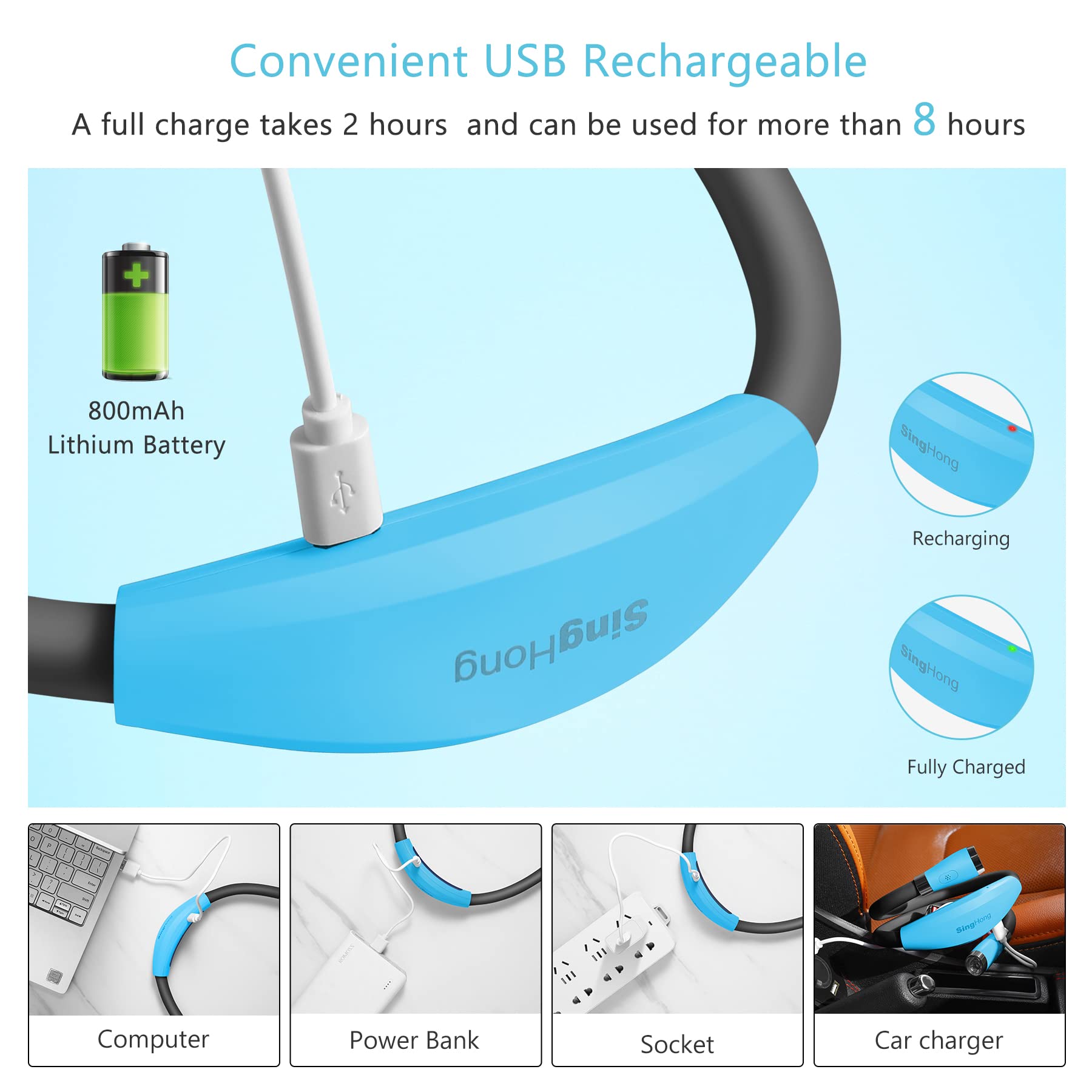 Singhong Usb Rechargeable Neck Book Light - 4 Led Bulbs, Adjustable Brightness, Small, Blue, Model Shnbl-B1