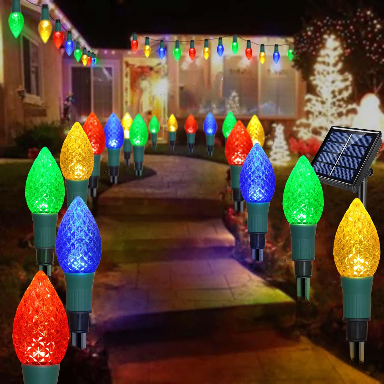 Newest Version 2 in 1 Outdoor Christmas Decorations and Solar Christmas Lights, 20-Pack Waterproof Solar C9 Strawberry Garden St