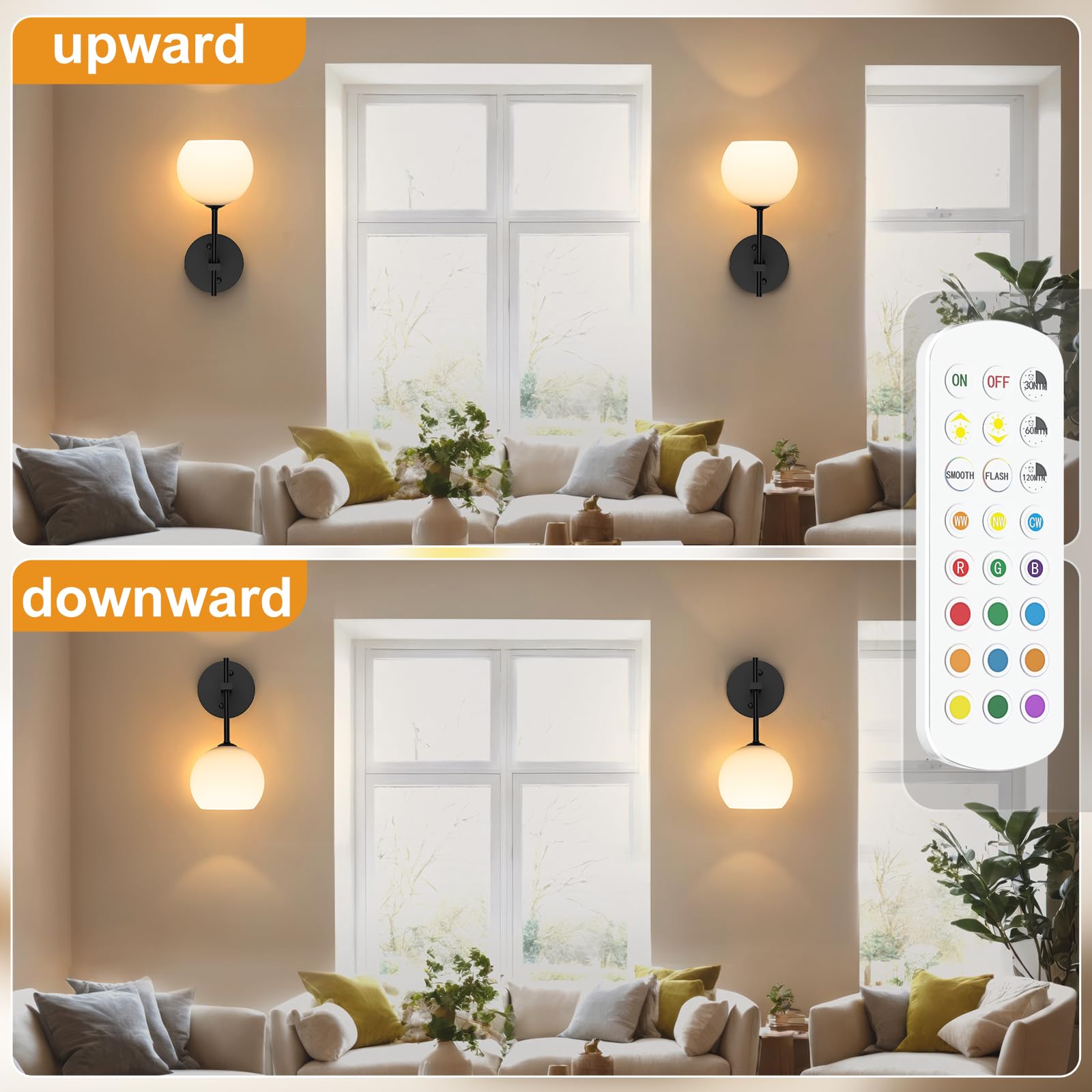 MOITA Wall Sconces Set of Two, Wireless, Remote Control, 12 RGB Colors, 3 CCT Options, Milky White Shade, Black Base, 2-Pack