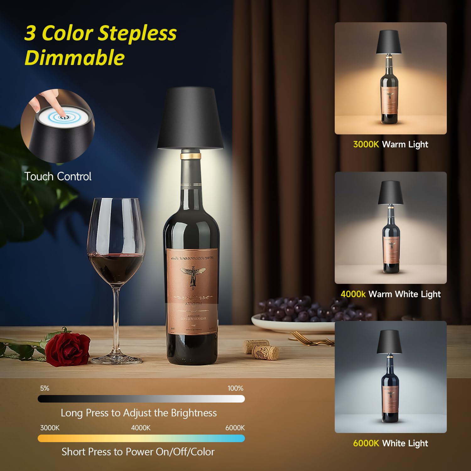 2 Pack Wireless Bottle Lamp, Wine Bottle Lights With Touch Dimming, Rechargeable 3 Color Temperatures Table Lamps, Bottle Lamp S