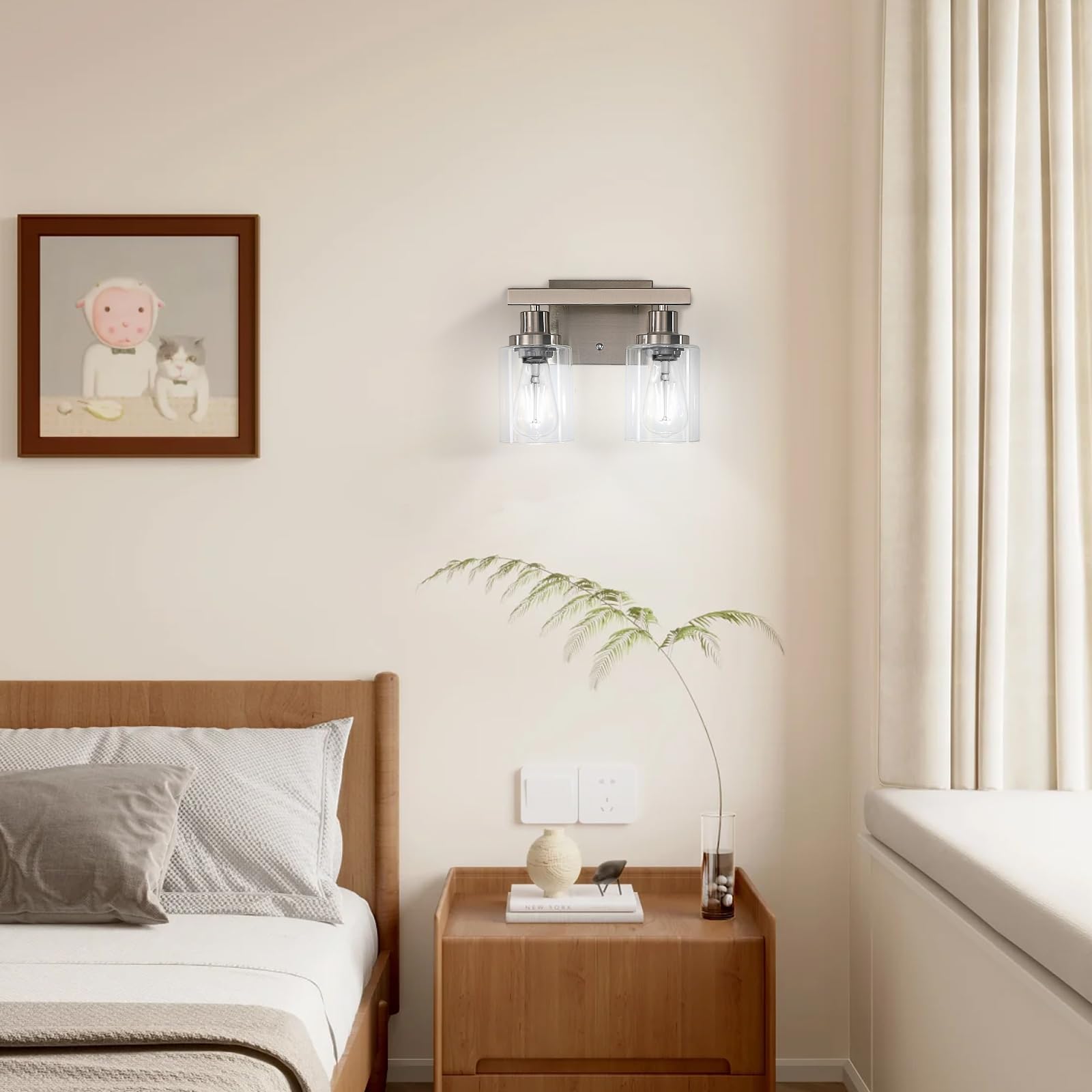 DIKAIDA Bathroom Vanity Light 2-Light Nickel Modern Metal Sconce with Clear Glass Shade NS-2