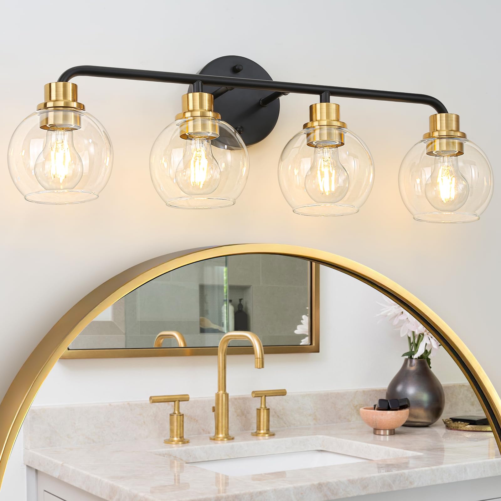 4 Light Bathroom Vanity Light  Black and Gold Bathroom Light Fixtures with Clear Glass Shade Modern Wall Sconces Lighting Bath Wall Lights Lamp for Mirror Kitchen Living Room Bedroom Hallway Cabinet