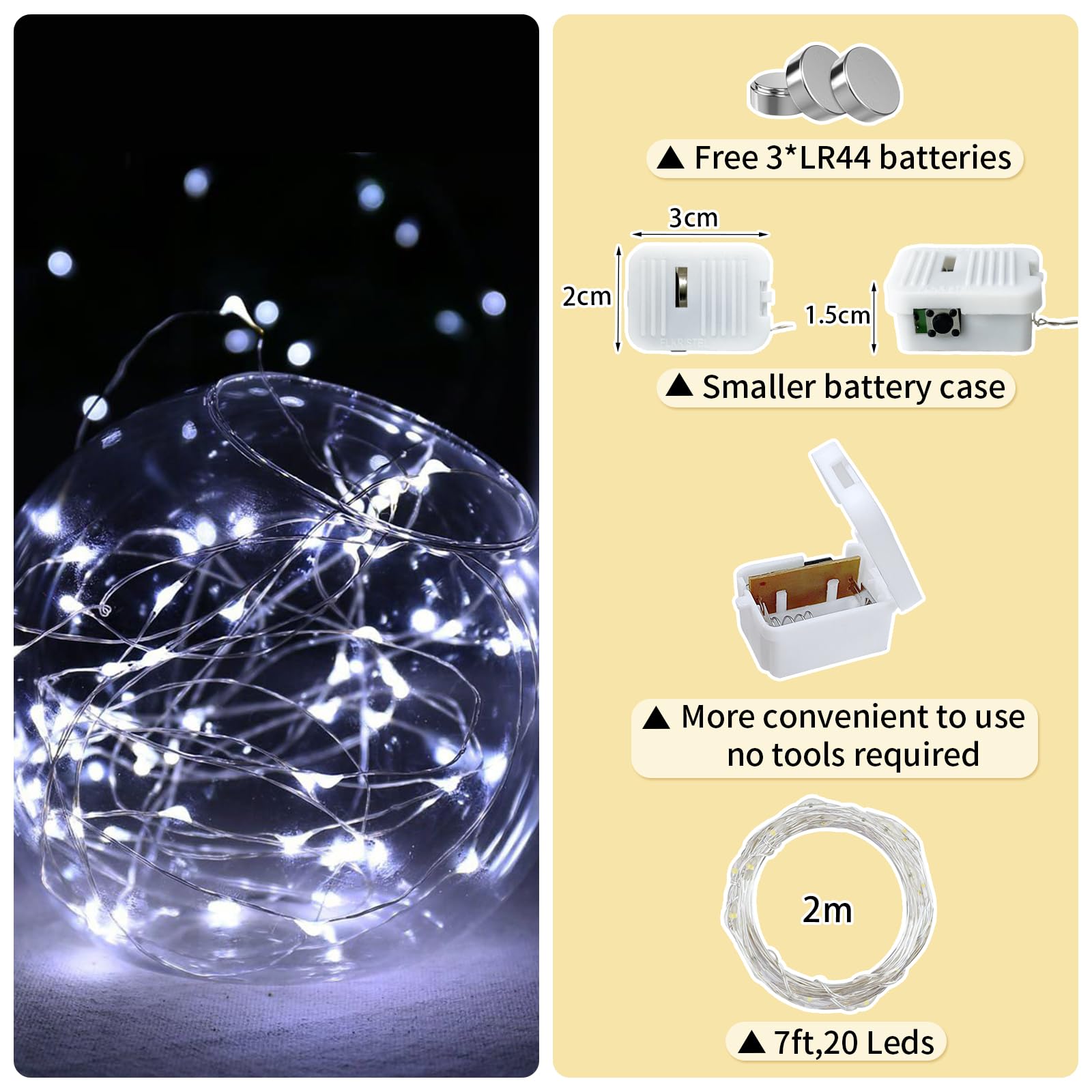 chzk Fairy Lights 24 Pack 7FT 20 LED Twinkle Lights, Battery Operated, White, Model D11-BKDC for Christmas, Halloween, Table Decorations