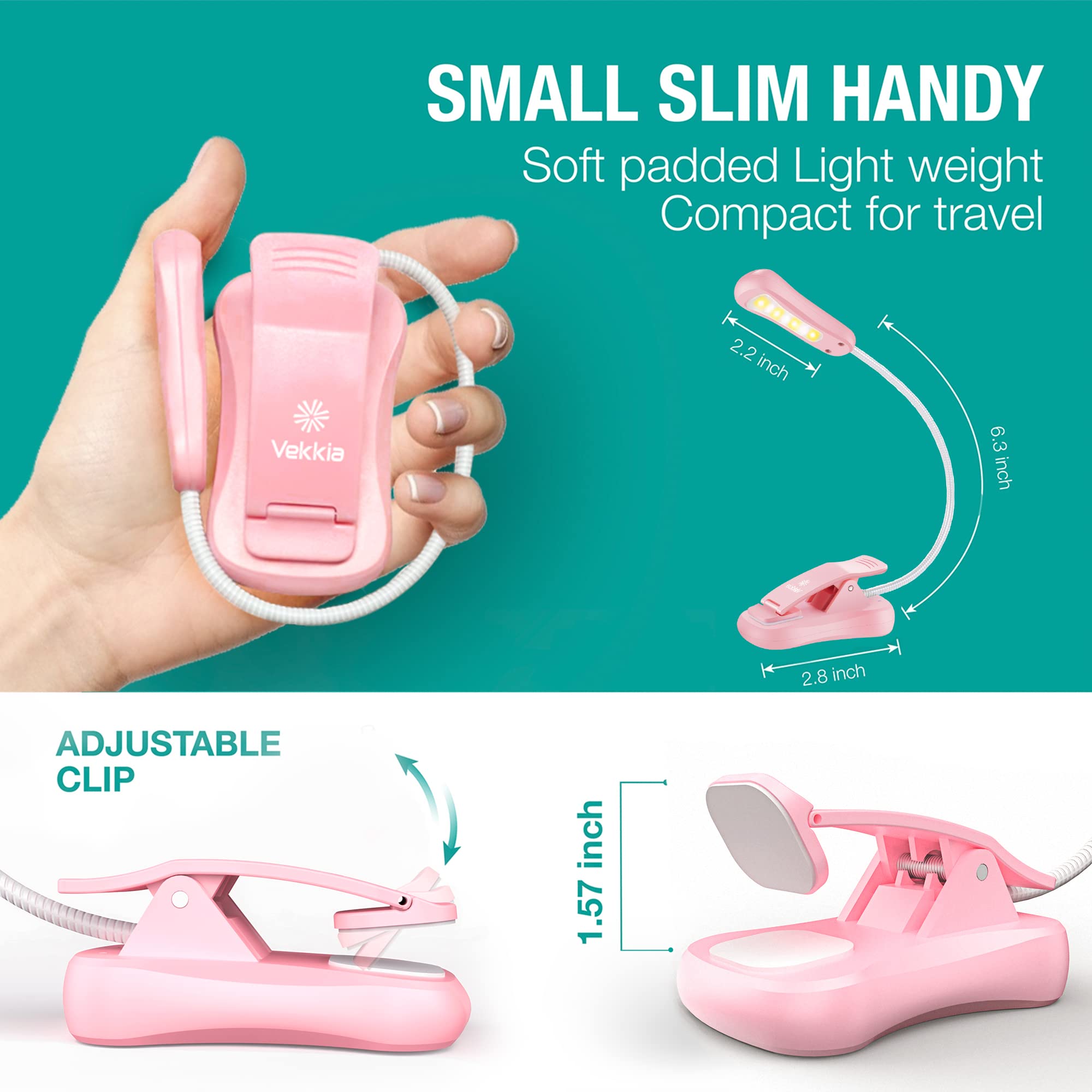 Vekkia Rechargeable Book Light - 3 Colors, 3 Brightness Levels, Lightweight, Up to 70 Hours, Model BK-03-PK, Pink