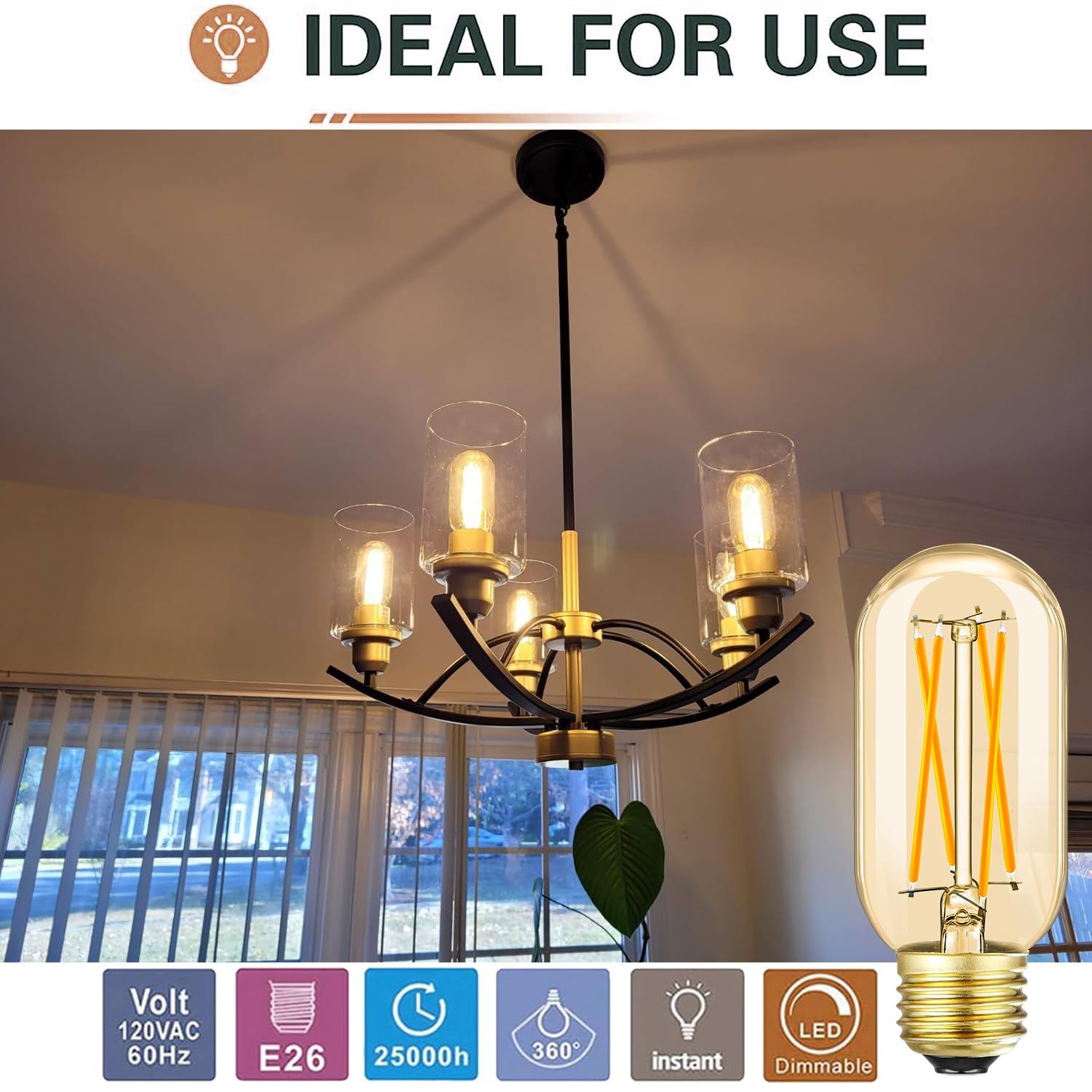 Leools E26 Led Bulb 6W Equivalent E26 Bulb 60 Watt Warm White 2700K Amber E26 Edison Bulb Dimmable Ac120V 600Lm Tubular T14 T45