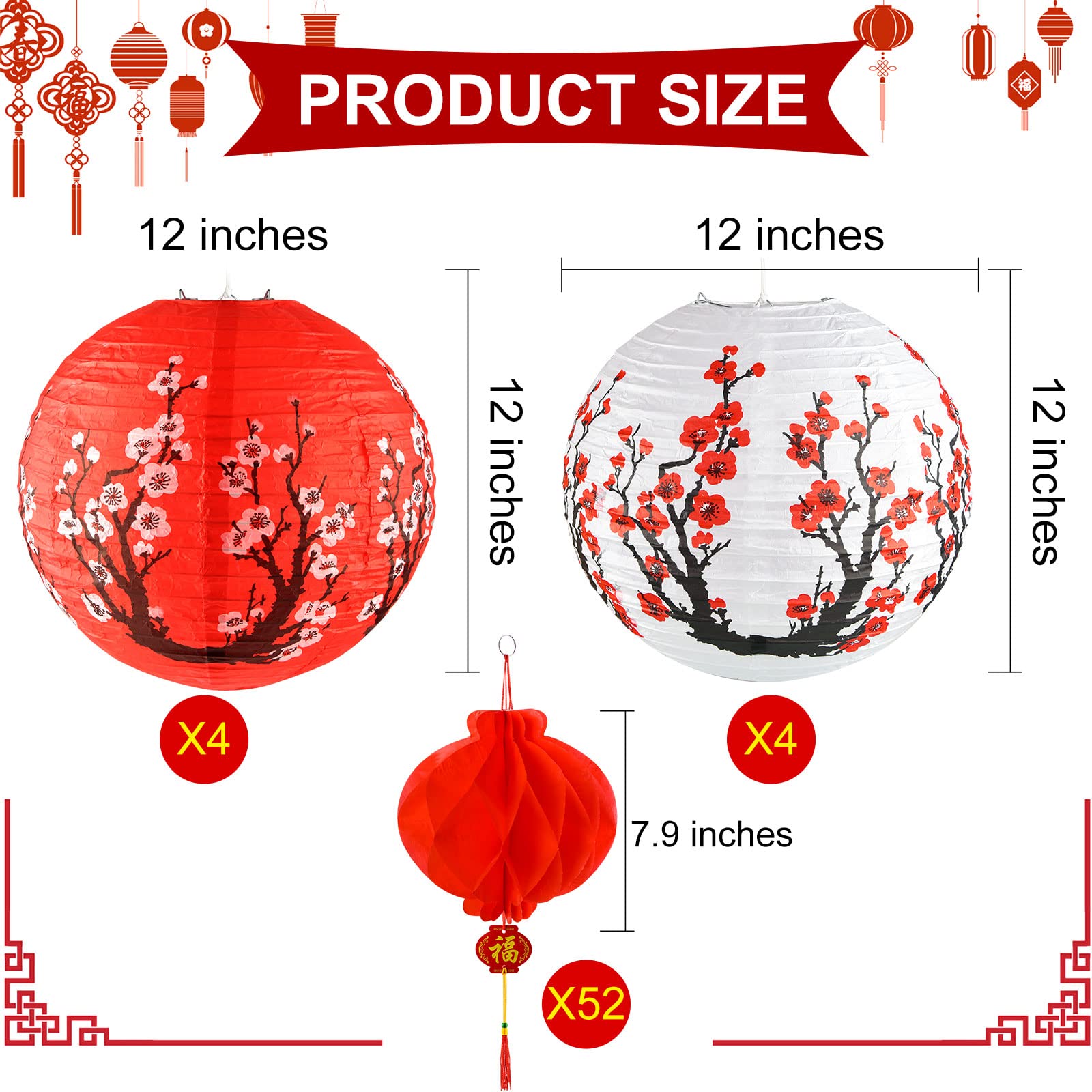 60 Pieces Chinese Japanese Paper Lantern Includes 8 Cherry Blossom Japanese Paper Lantern 52 Chinese Red Lanterns 12 Inches Red