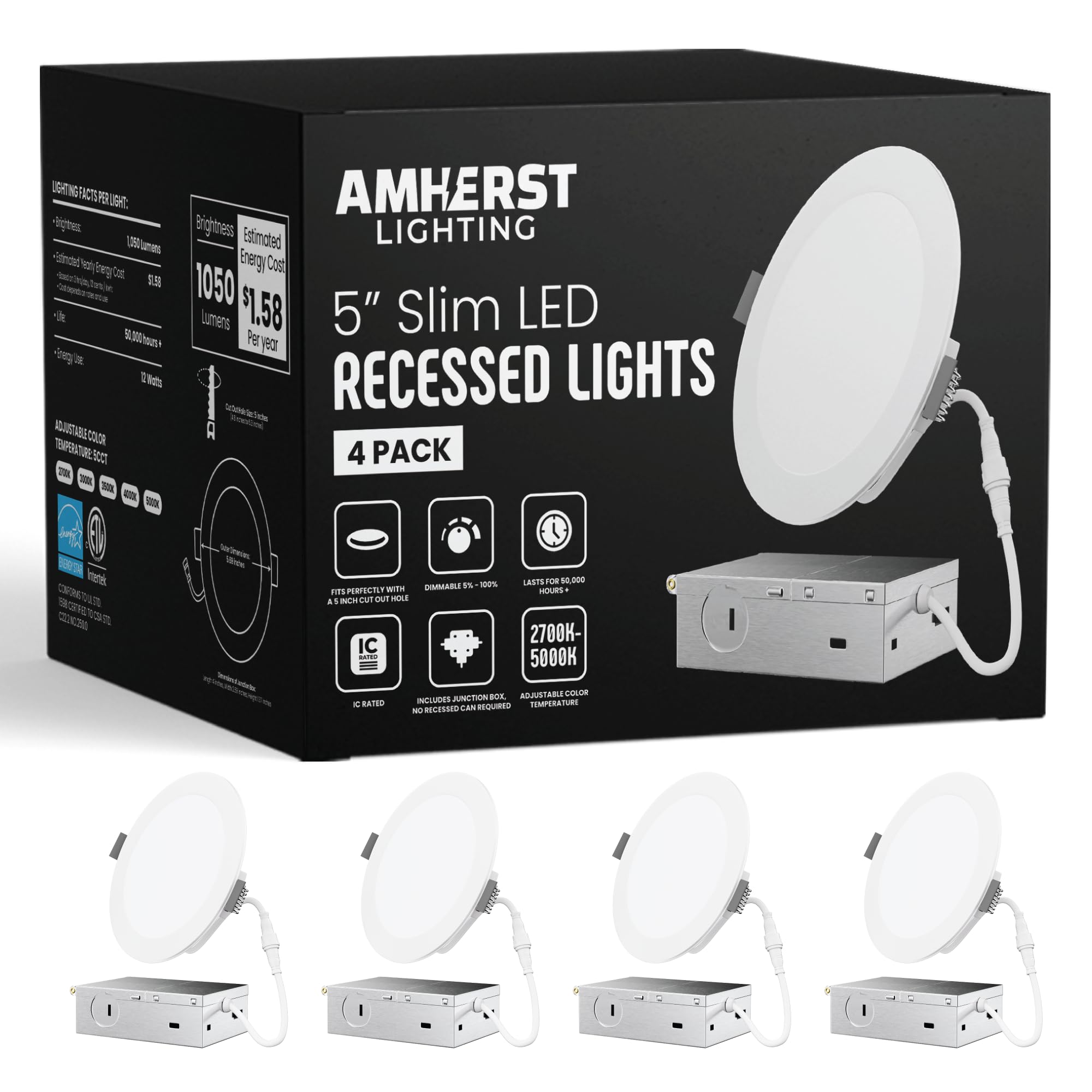 5'' Slim LED Recessed Lights, 4 Pack, 5CCT Selectable Color Temperature, Dimmable, 12W, The Only Ultra Thin LED Recessed Light M