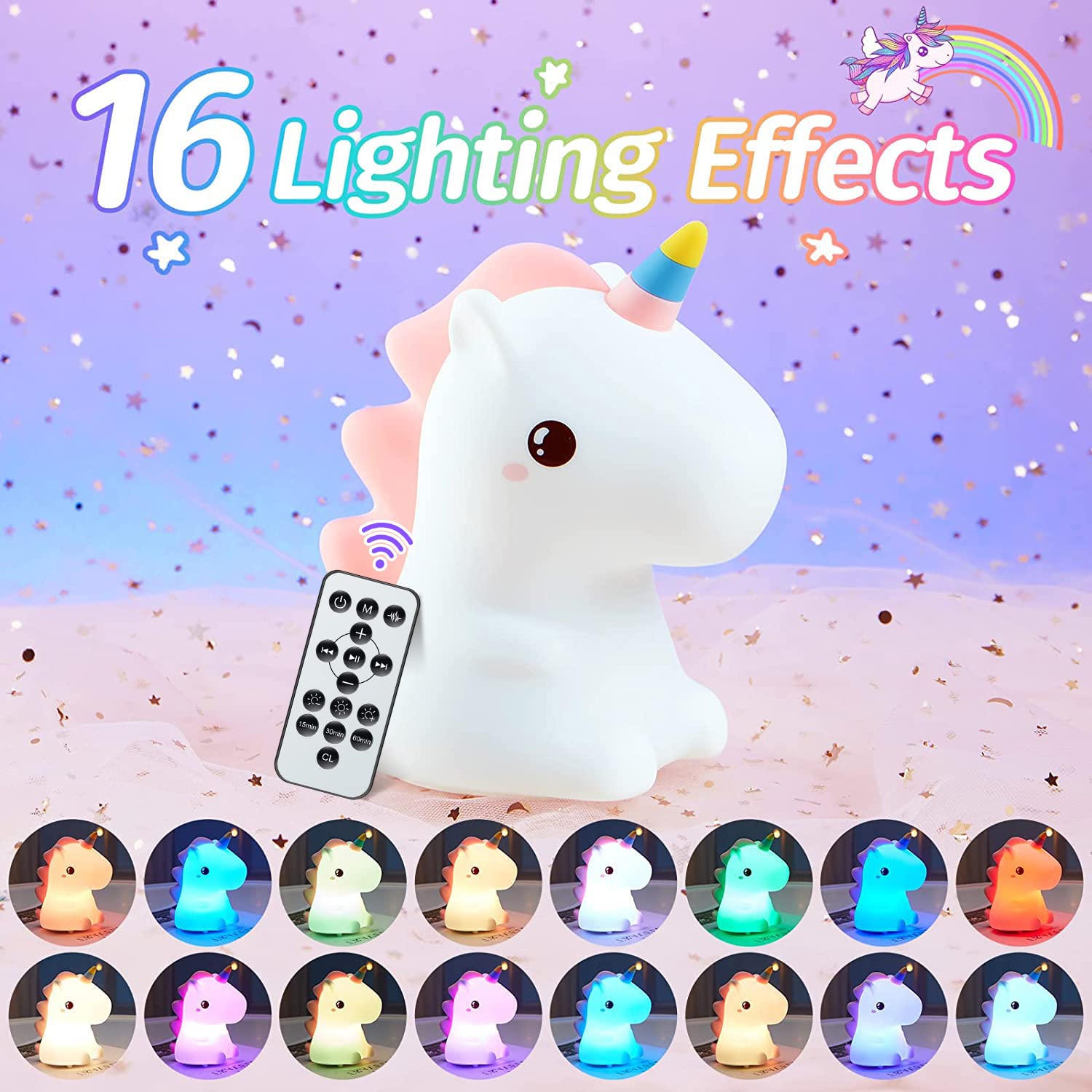 One Fire Unicorn Night Light - 16 Colors Silicone Lamp With Sound Machine, Rechargeable, Timer, Cute Design For Kids Bedroom