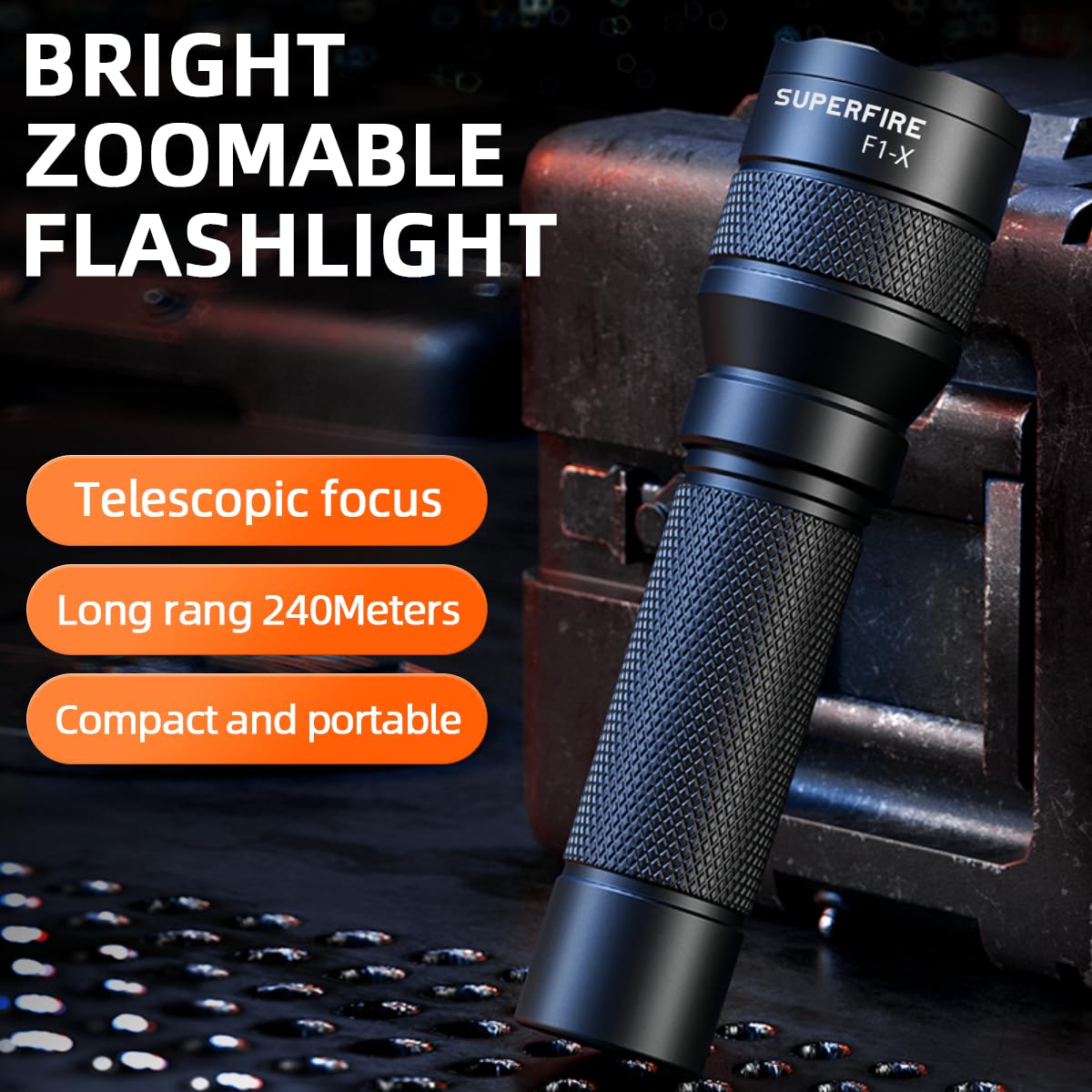 SuperFire Mini LED Tactical Flashlight, Compact & Zoomable, Rechargeable with 4 Modes, for Home, Camping & Emergency (F1-X)