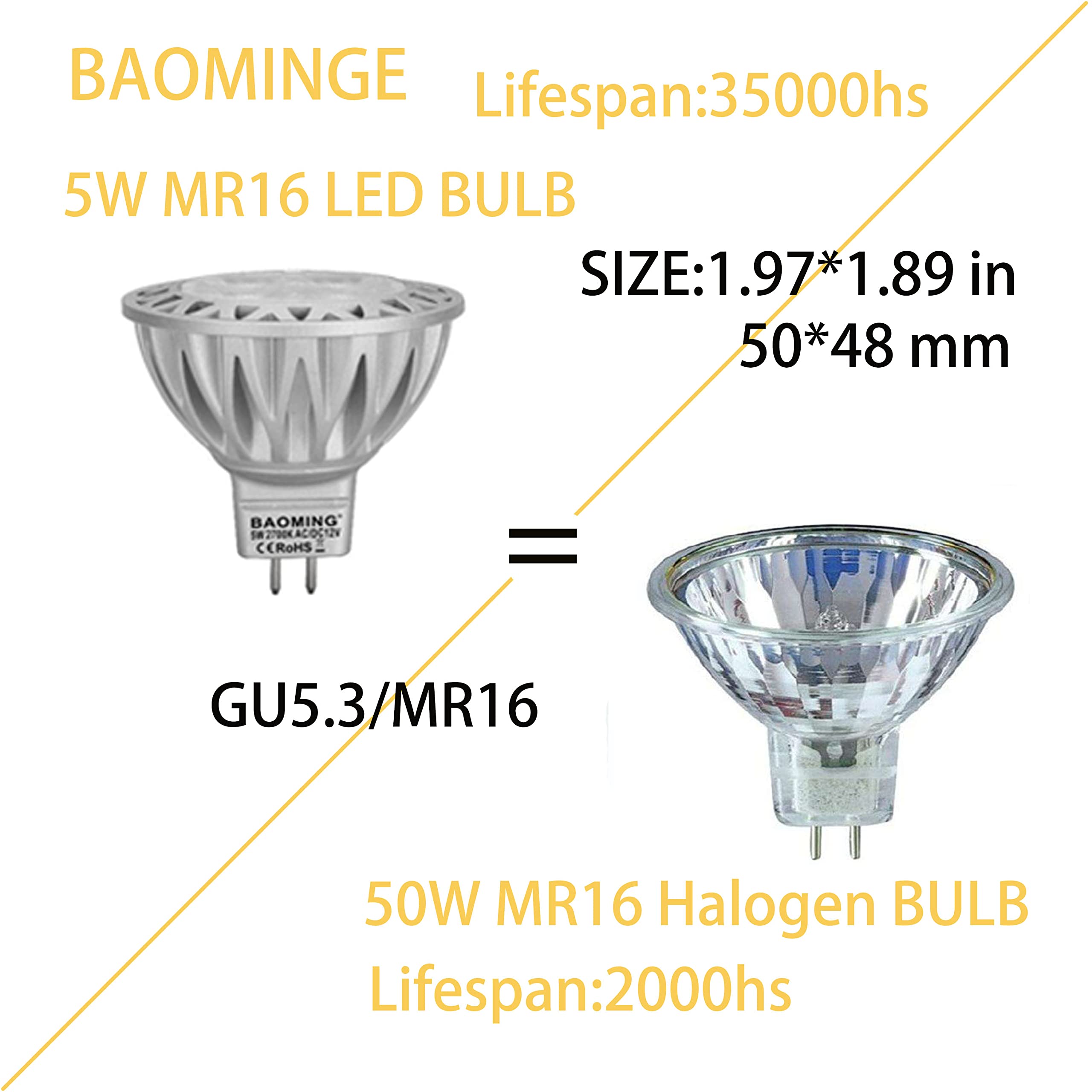 BAOMING MR16 LED Bulb 5W 2700K Soft Warm White GU5.3 Base 6-Pack Low Voltage Landscape/Track Lighting