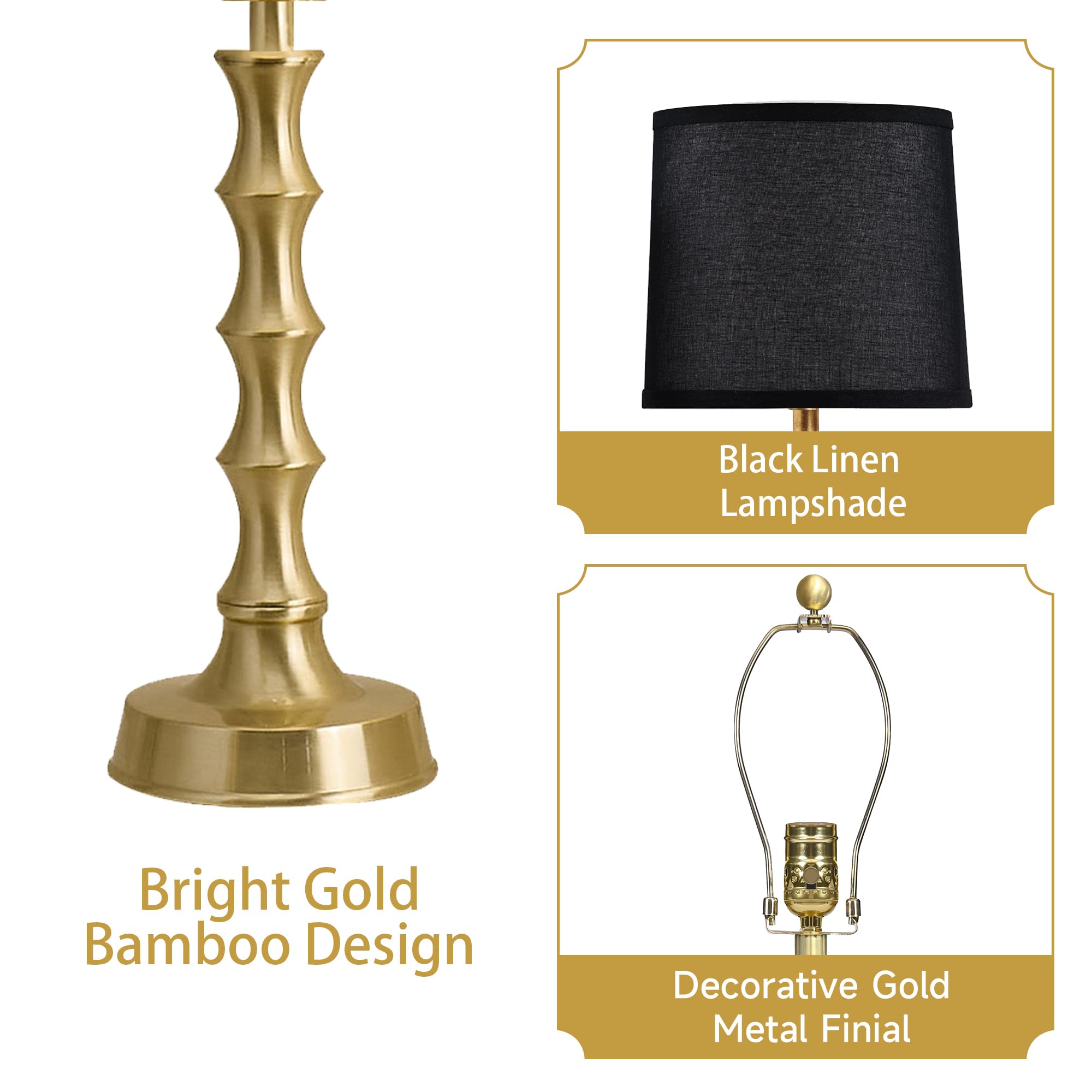 Euo 24'' Small Black Lamp For Bedroom, Black Gold Table Lamps For Living Room Set Of 2, Retro Gold Lamps For Nightstand Set Of 2