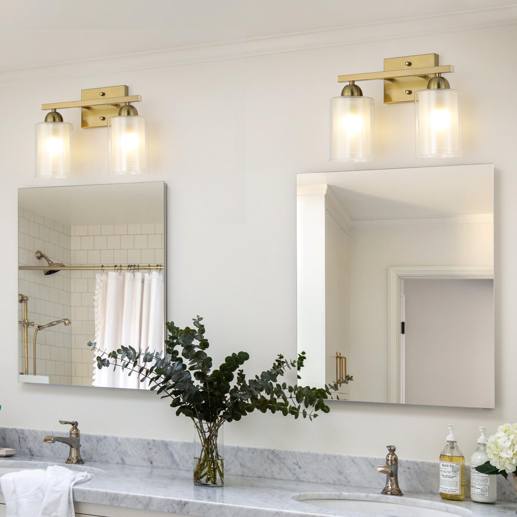 Mecgirn Stainless Steel Bathroom Vanity Light, 2 Light Brushed Gold Fixture with Milk & Clear Glass Shades, Model B0007-2-Gold