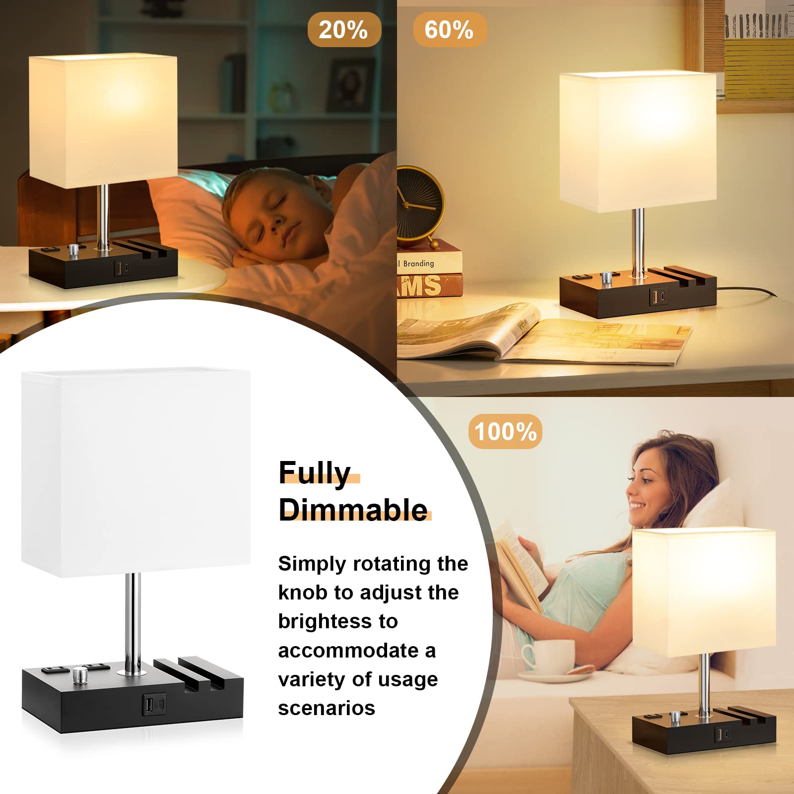Kakanuo Bedside Lamps Set of 2, Fully Dimmable White USB Table Lamps with Charging Ports and Phone Stand, Wooden Design, Bulb Included
