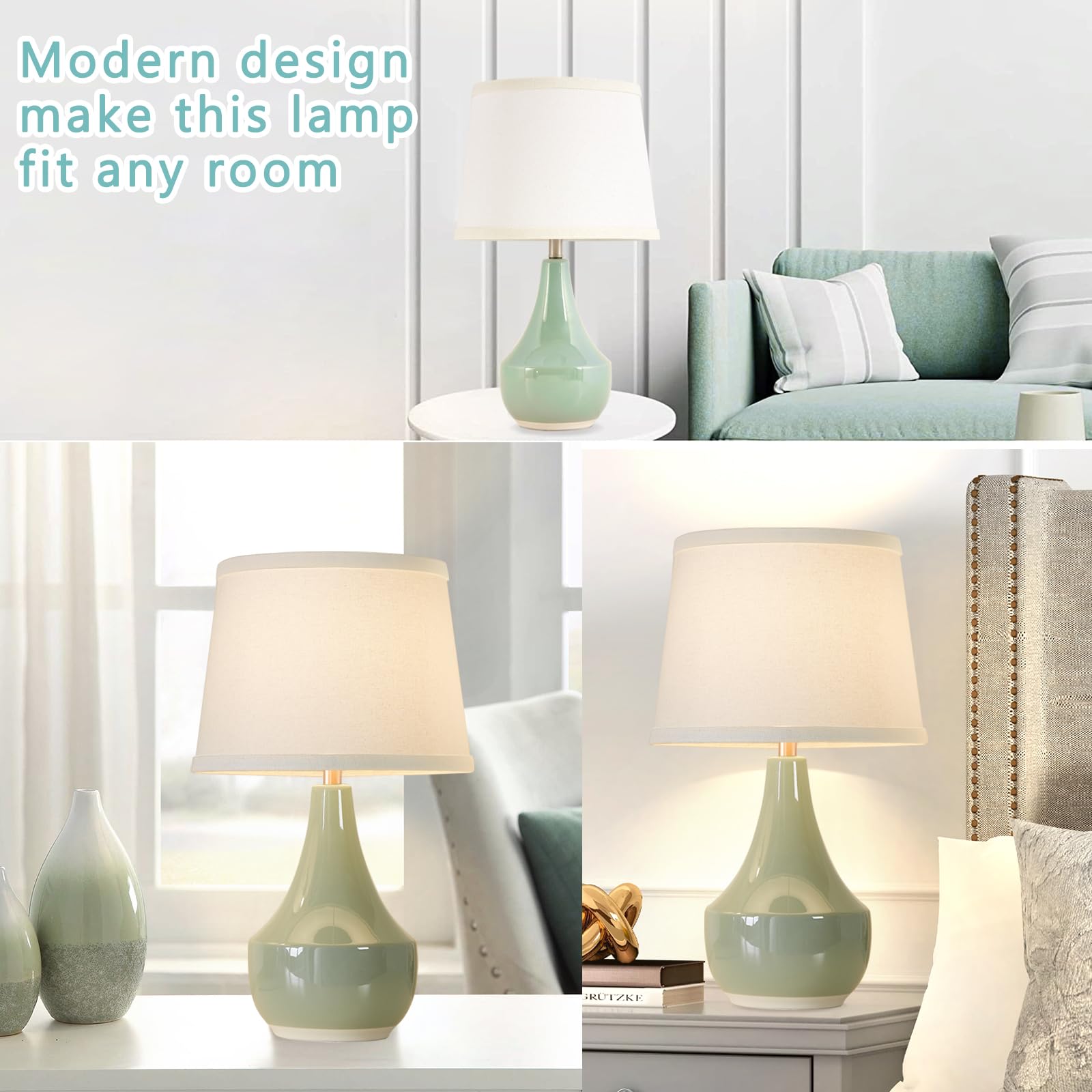 GyroVu Table Lamp Set of 2, 18.63” Ceramic, Sage Green with White Lampshade, Modern Nightstand Lighting for Living Room & Bedroom