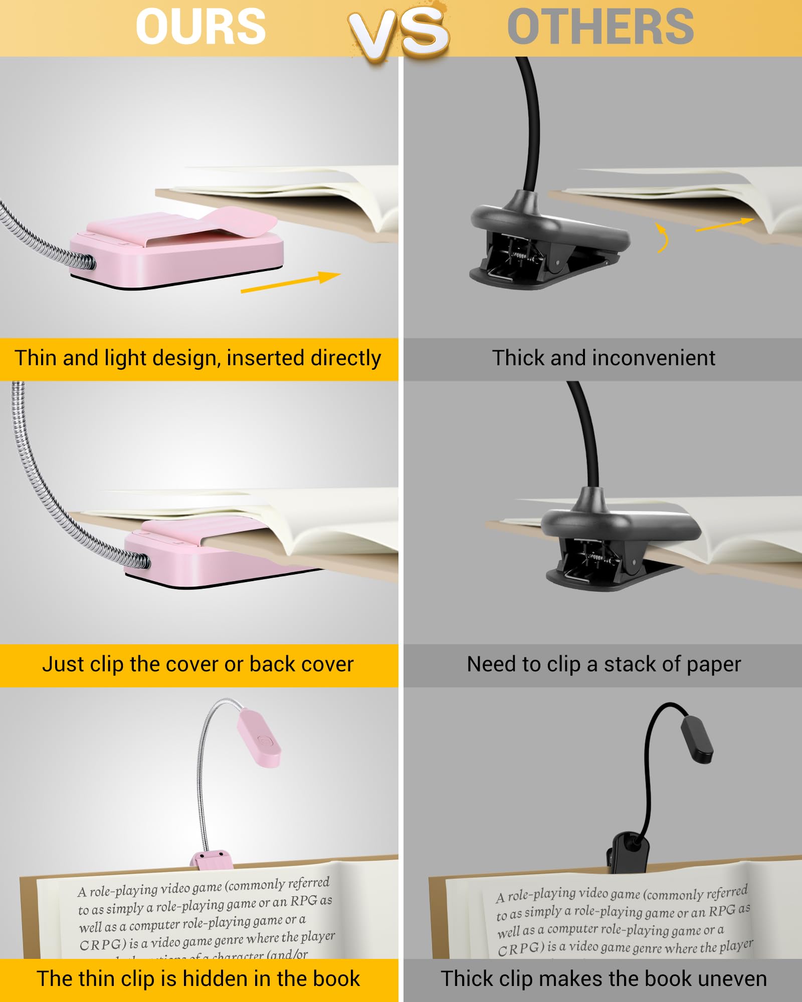 Best World LED Book Light 2 Pack - Rechargeable, Eye-Caring, 3 Colors, Flexible Clip-on LED Night Light, Lightweight - Pink, Model WLM310-BLA-1W-