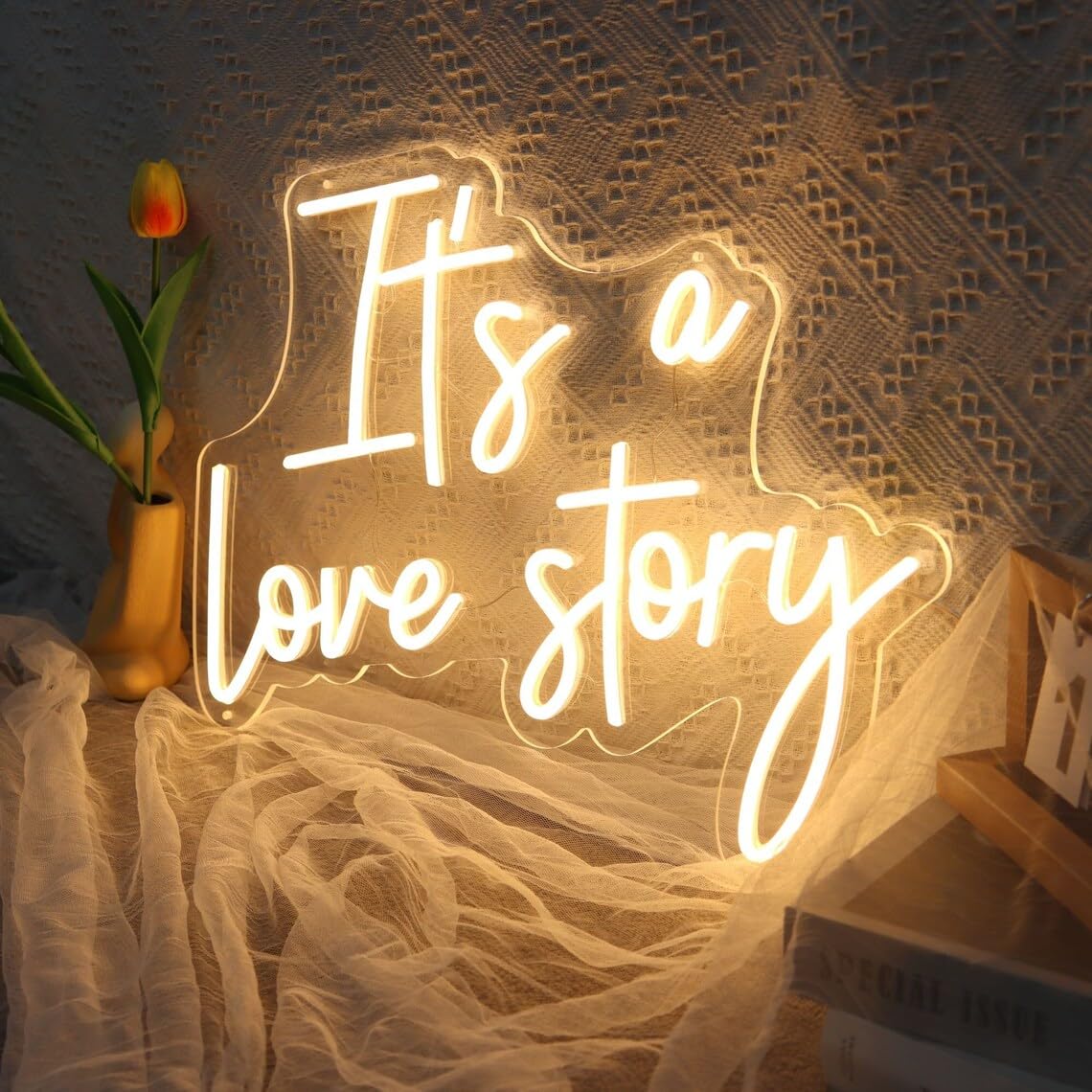 INSNEnN Neon Sign - Its a Love Story - Dimmable Acrylic Light Up Decor - 14.2 x 11 Inches - White