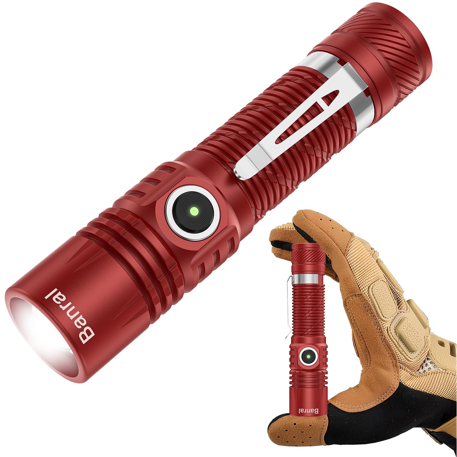 Banral Rechargeable Tactical Flashlight, High Lumens LED, 4 Modes, USB-C, Waterproof, Mini Size, Red, Model K518