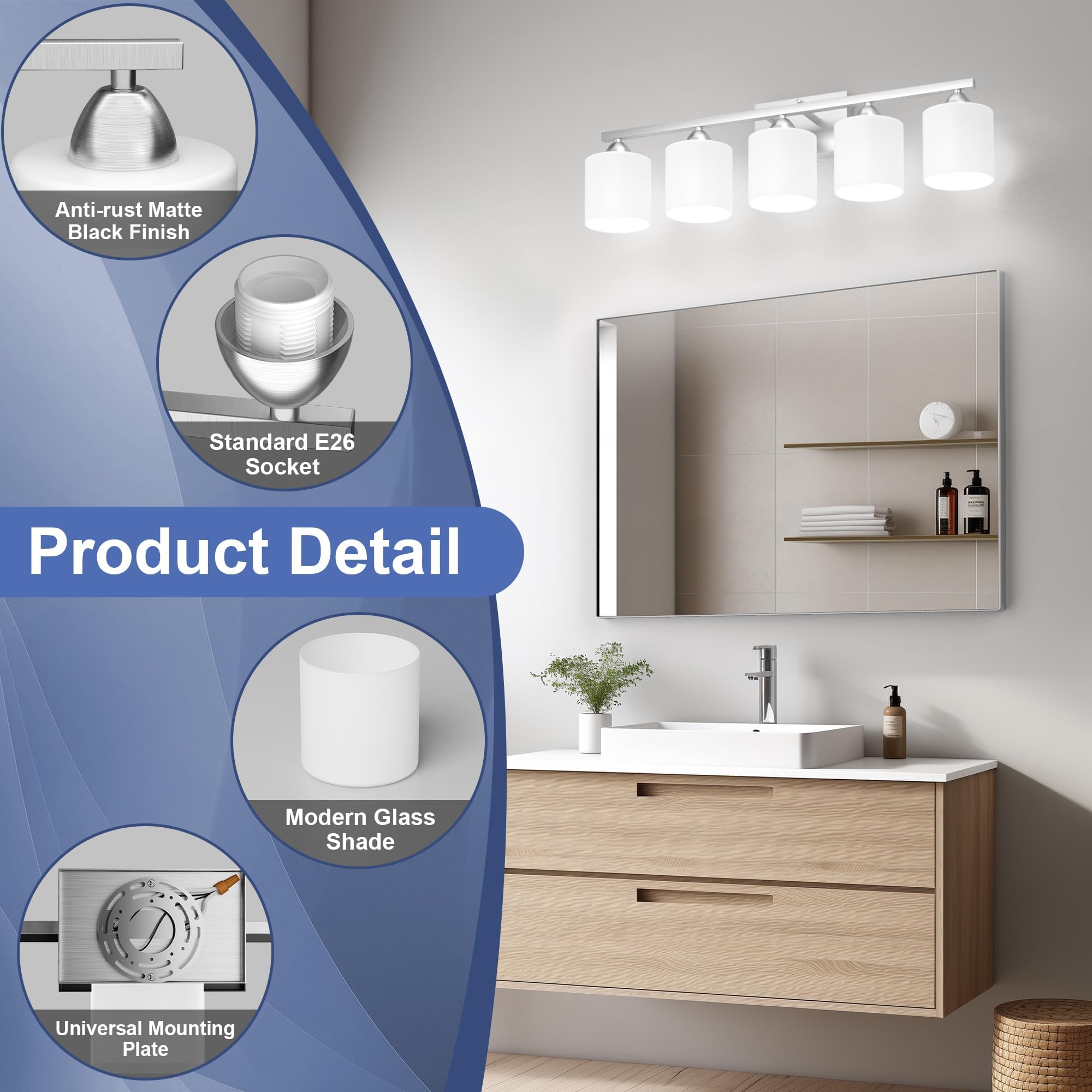 Dekang Bathroom Lighting Fixtures Over Mirror, Anti-Rust Vanity Light Fixture For Bathroom, Modern 5-Light Wall Sconce Light For