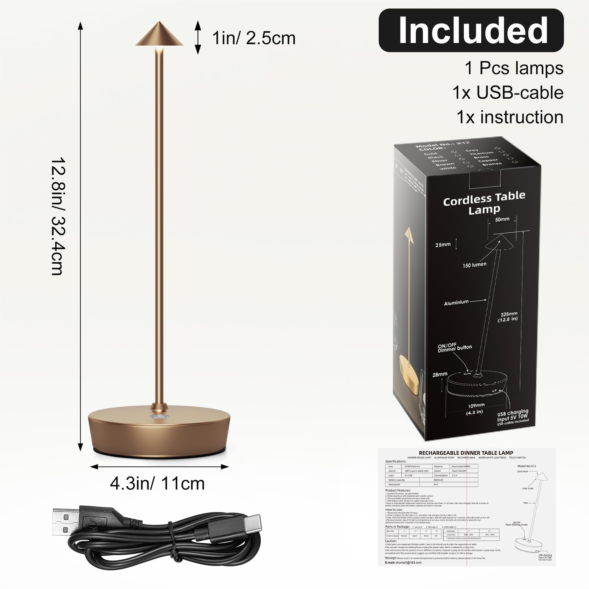 JALVDE Cordless Table Lamp, Rechargeable LED, Dimmable, Aluminum, Set of 2, Titanium, Model D-W-07