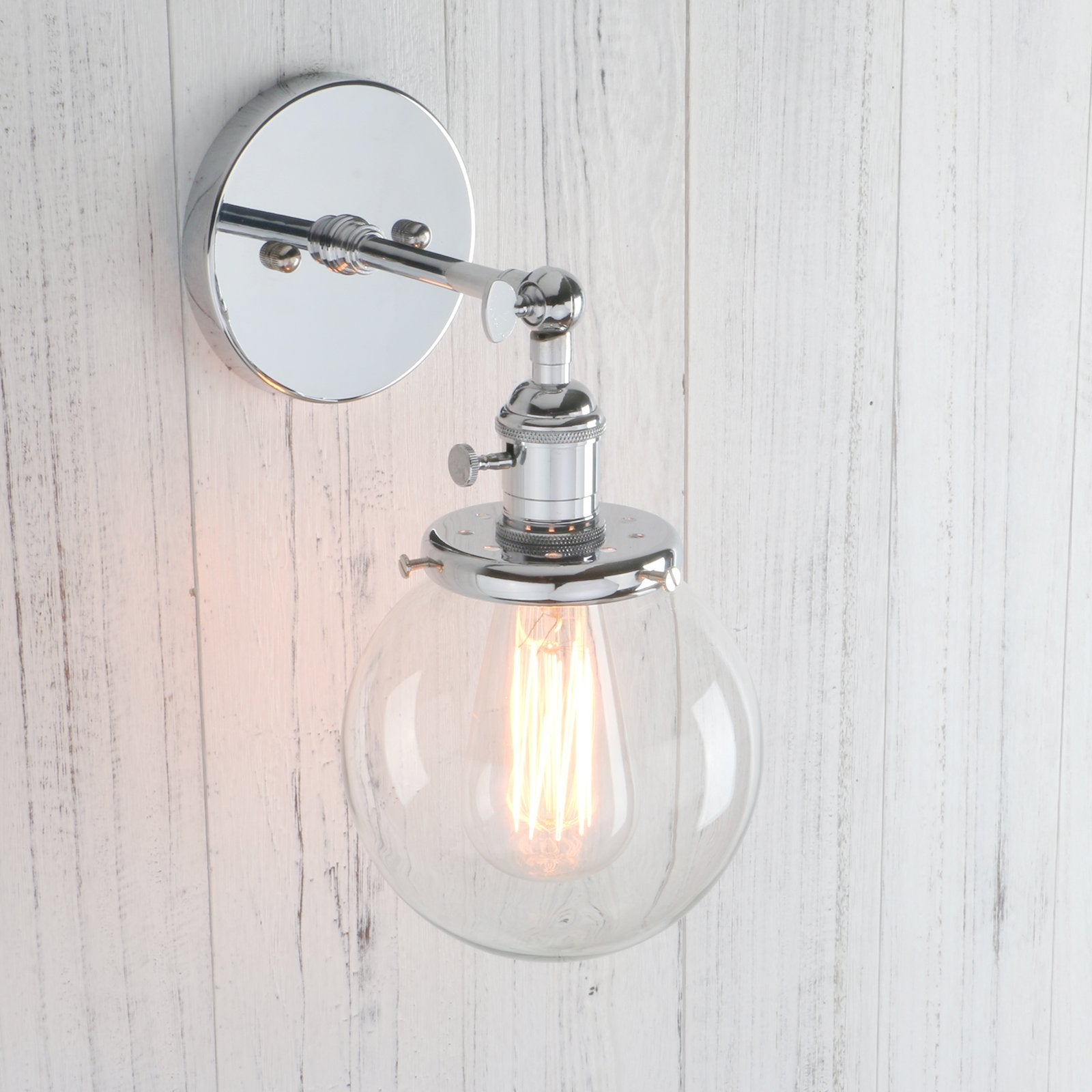 Permo Vintage Industrial Wall Sconce Lighting Fixture With Mini 5.9 Round Clear Glass Globe Hand Blown Shade (Chrome)