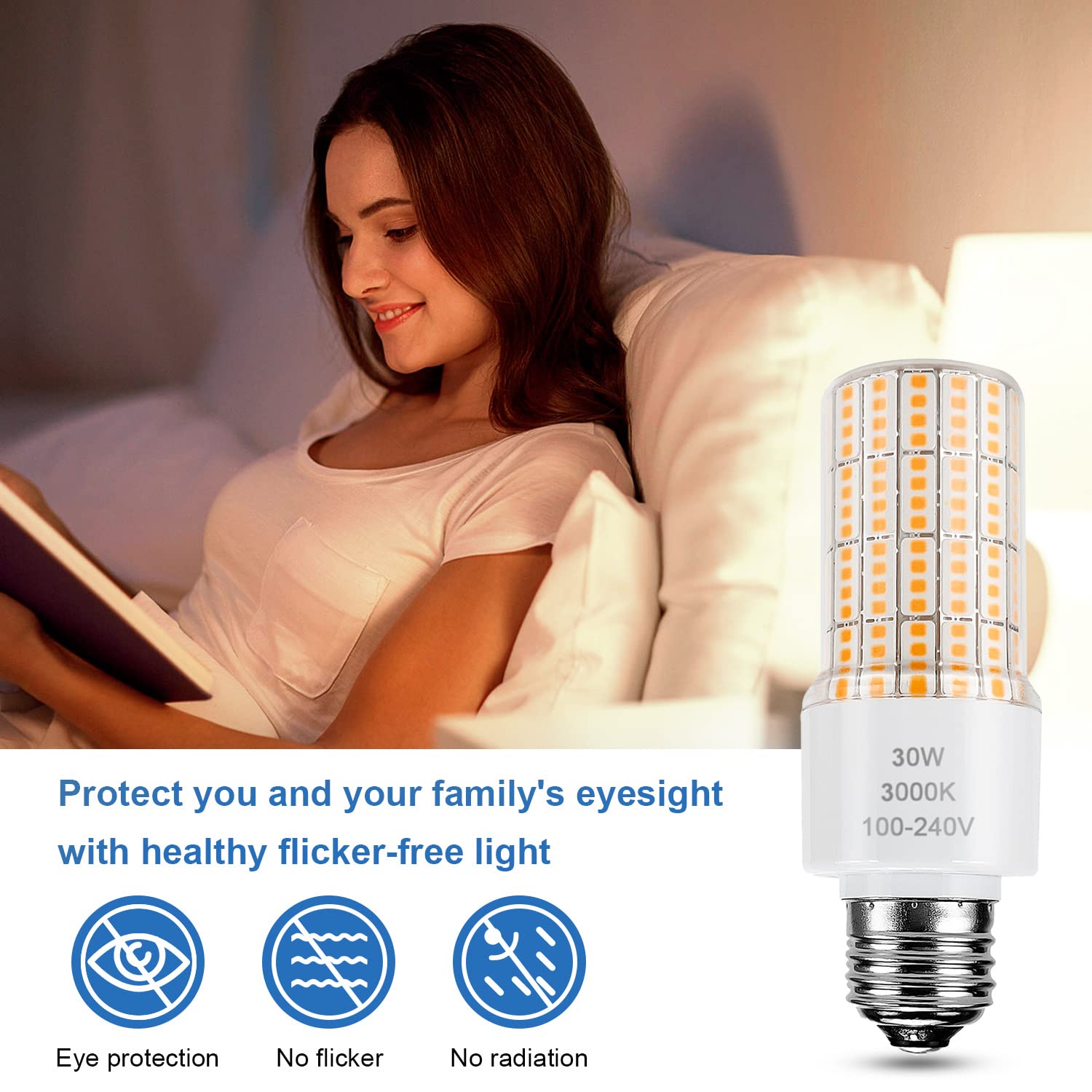 RIUVAO 30W LED Light Bulb, 250W Equivalent, 3750 Lumen, Waterproof, E26/E27 Base, Warm 3000K, 2-Pack,