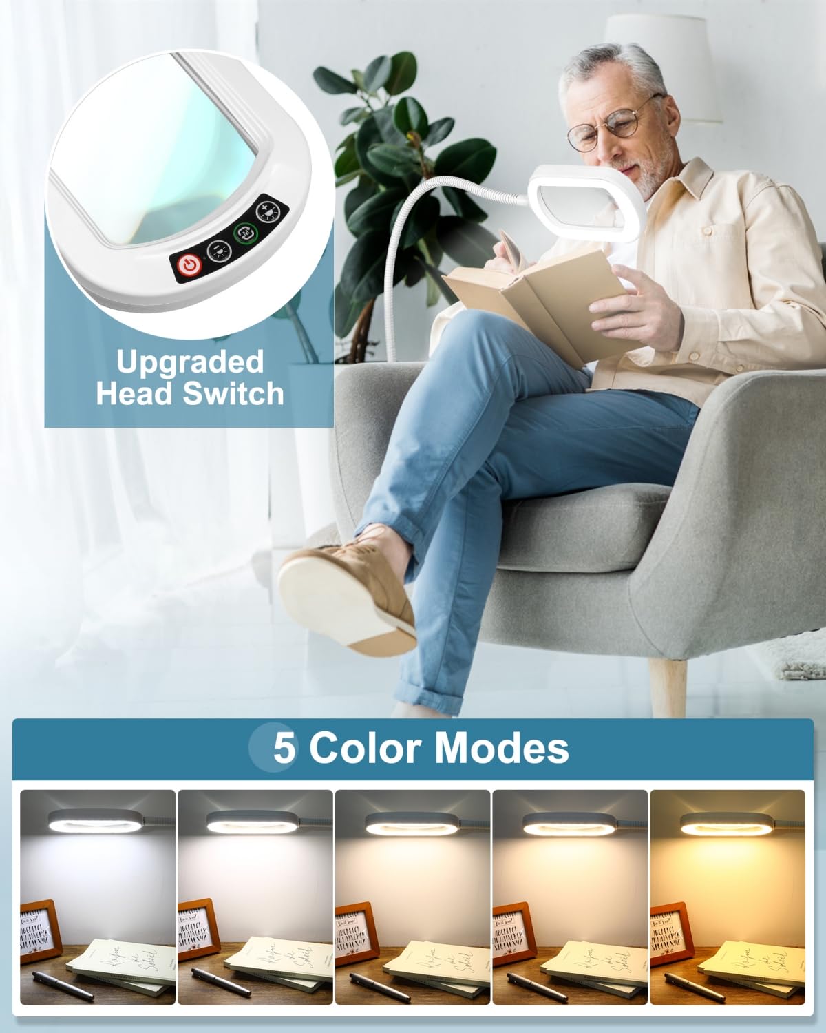 IVMAIE 10X Rectangle Magnifying Glass with Light, Flexible Gooseneck 3-in-1 Floor Lamp, LED, Stepless Dimmable, White, Model 602FLG