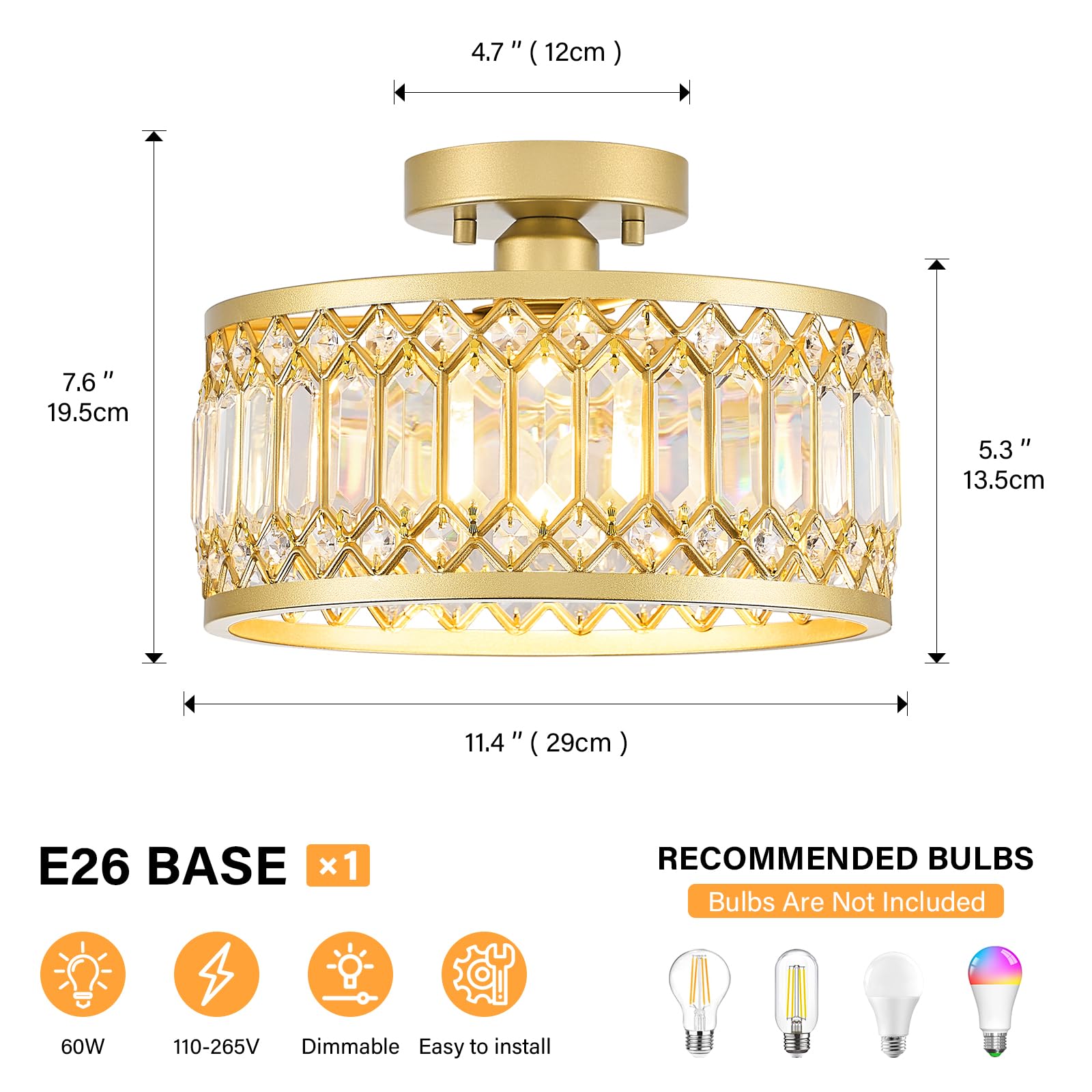 Yurnyq Crystal Ceiling Light Fixture, Modern Semi Flush Mount Ceiling Light, Gold Lighting Fixtures Ceiling Lamp For Hallway, Ki