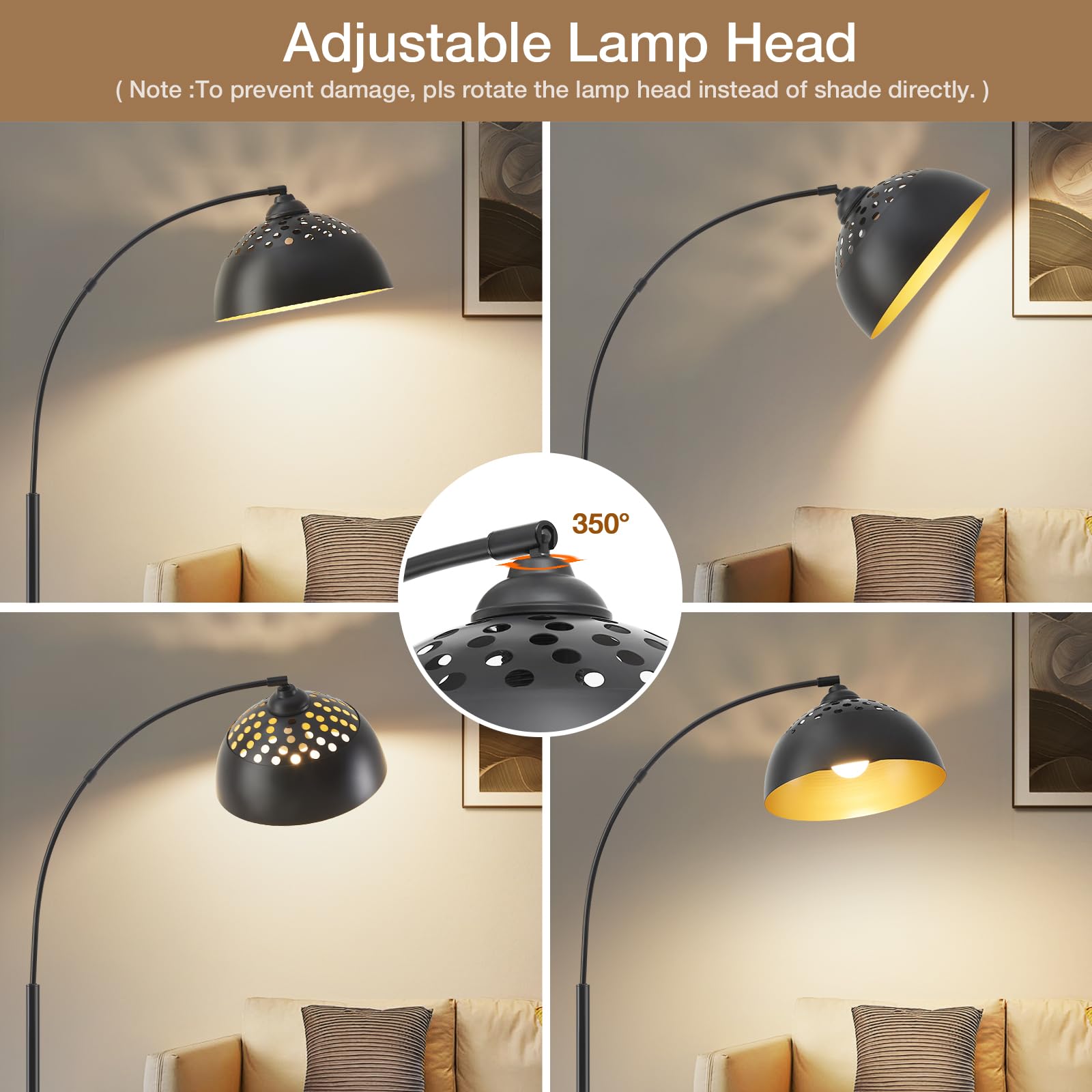 Arc Floor Lamps For Living Room, 71'' Modern Standing Lamp With Adjustable Lamp Head, Black Tall Lamp With Foot Switch, Arched R