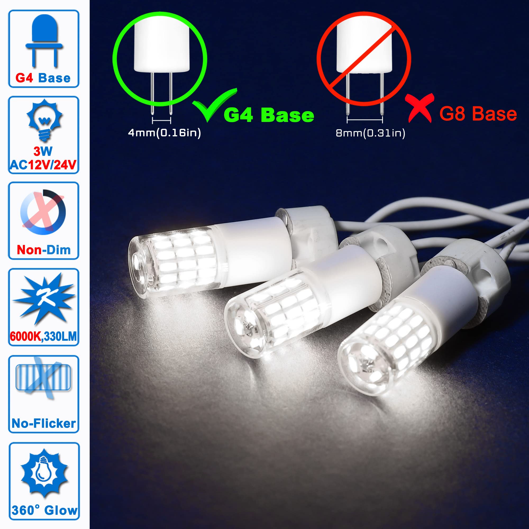 Ziomitus G4 T3 3W Daylight 6000K Led Outdoor Landscape Light Bulbs 12V24V,G4 20W 25W 30W Halogen Replacement,Low Voltage G4 T3 J