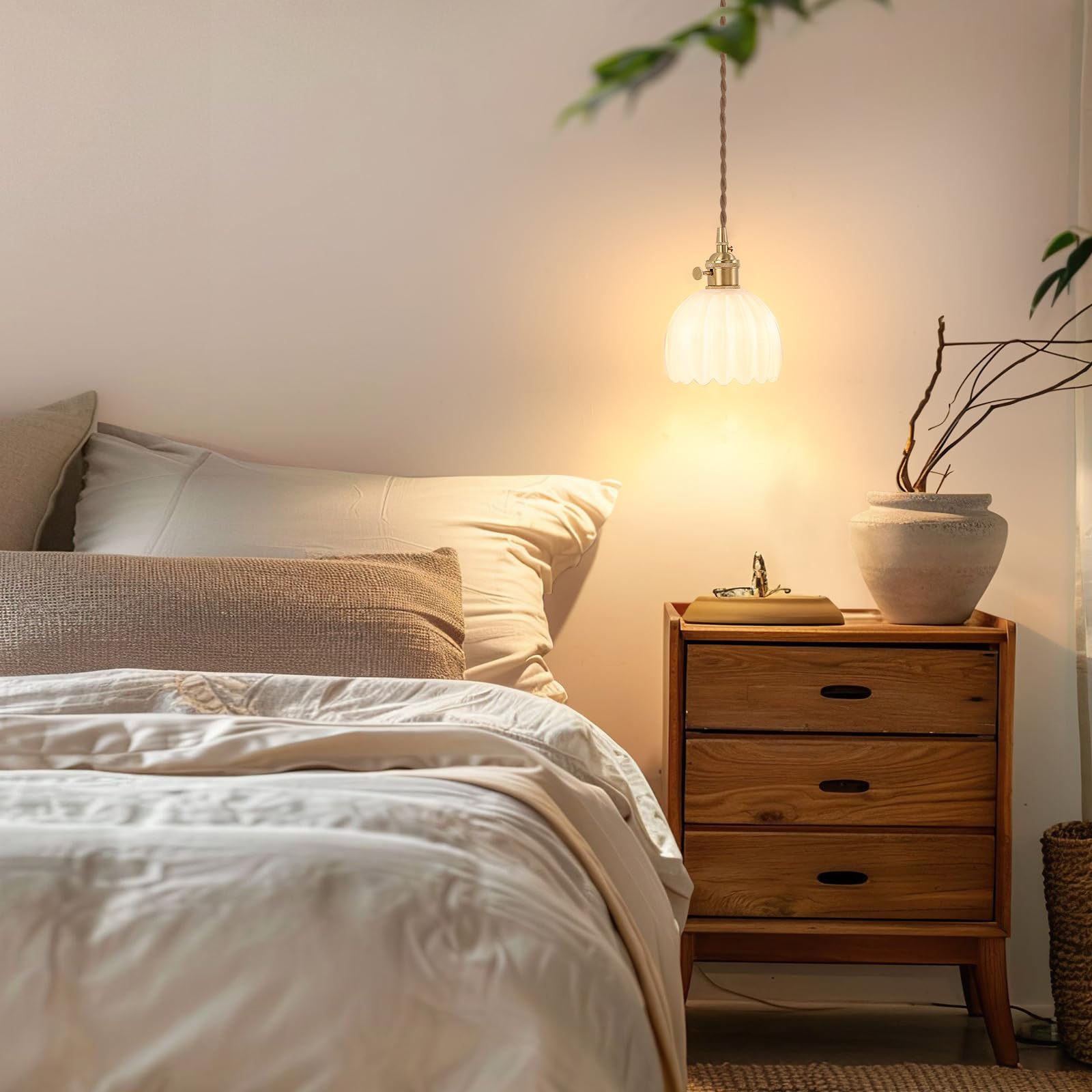 Shenmoyl Mini Pendant Light With White Tulip Glass Lmapshade, Brass Vintage Pendant Light Adjustable Hanging Light For Kitchen I