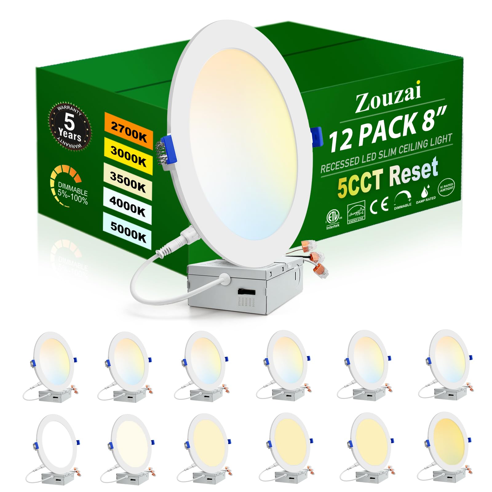 zouzai 12 Pack White 8 inch 5CCT Ultra-Thin LED Recessed Ceiling Light with Junction Box, 2700K/3000K/3500K/4000K/5000K Selectab