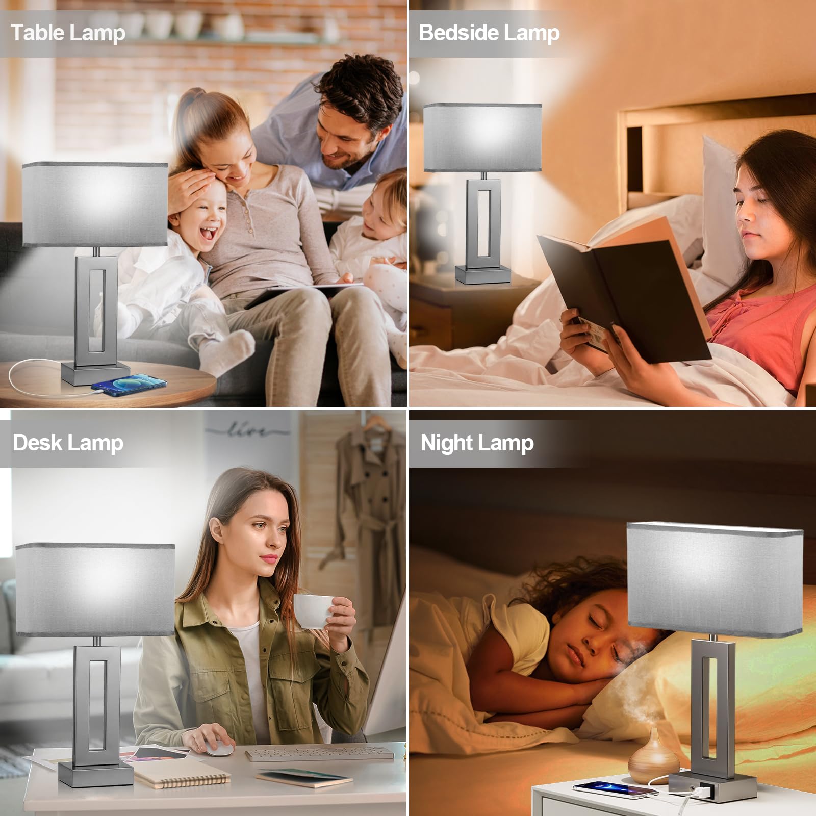 Bedroom Table Lamps Set Of 2 - Grey Touch Bedside Lamps With Usb C+A, 3 Way Dimmable Gold Lamp For Nightstand, Modern Night Stan