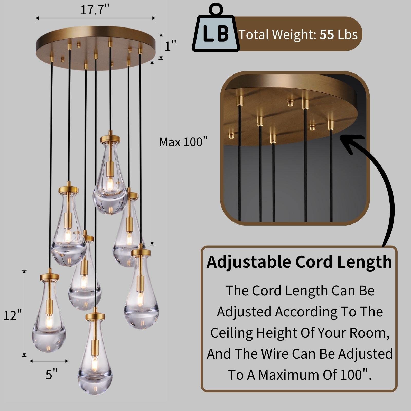 Joyunleo 7 Light Raindrop Chandeliers  Brass Teardrop Cluster Pendant Lights Kitchen Island  Gold Dining Room Chandeliers Over Table Hanging Pendant Lighting For High Ceiling  Entryway Staircase